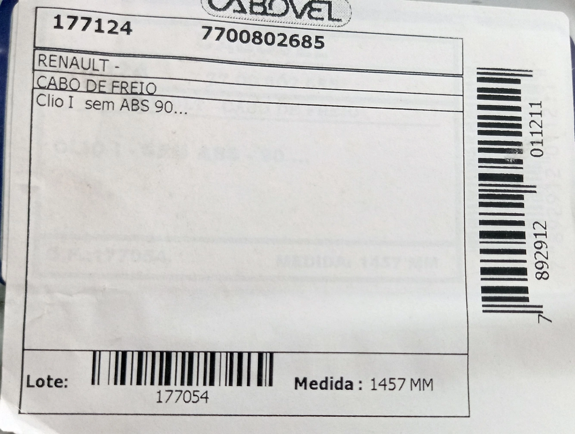 CABO FREIO RENAULT CLIO S/ABS 90/99 - 1457