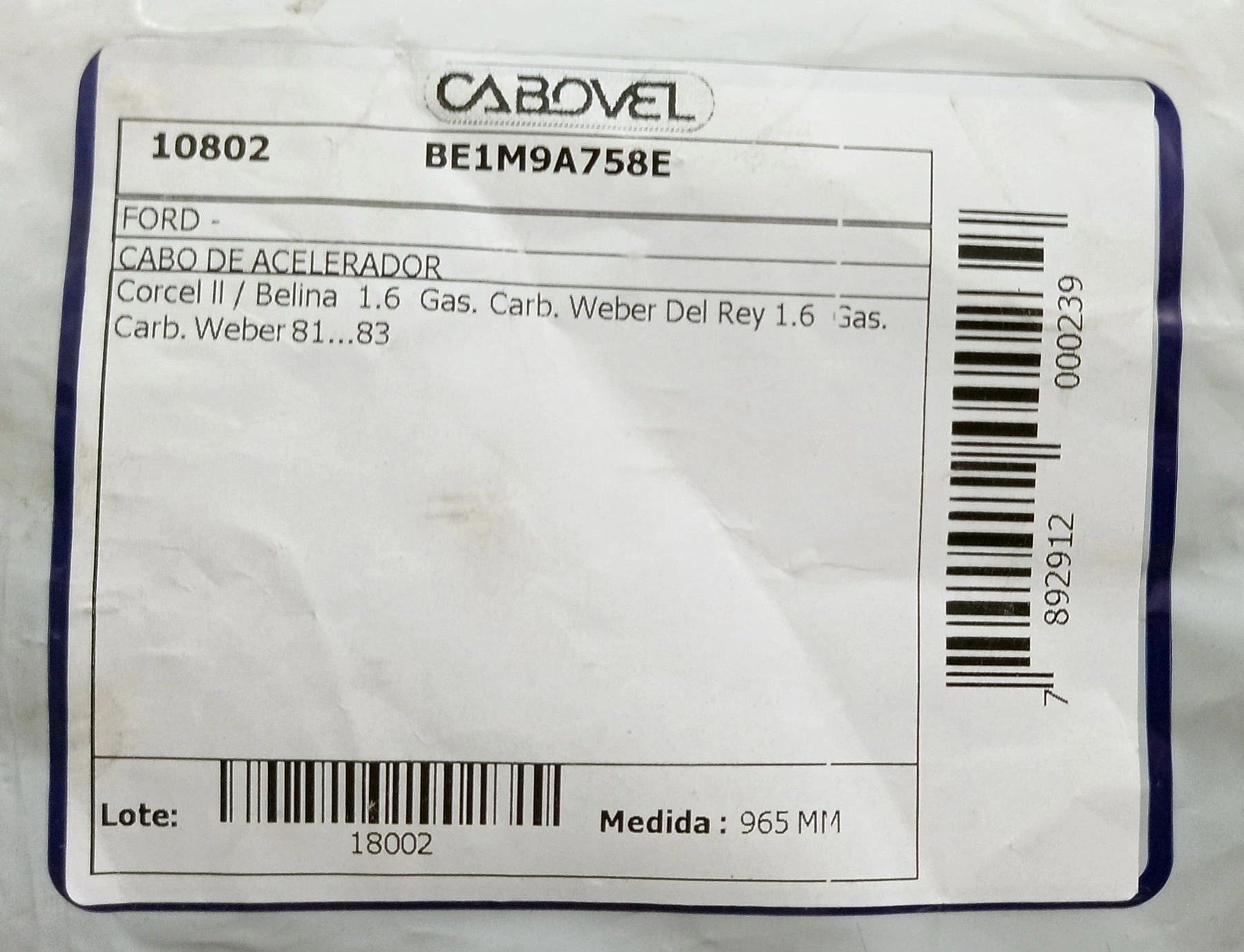 CABO ACELERADOR 965MM CARBURADOR WEBER FORD CORCEL II/BELINA II/DEL REY 1.6 81/83 GASOLINA