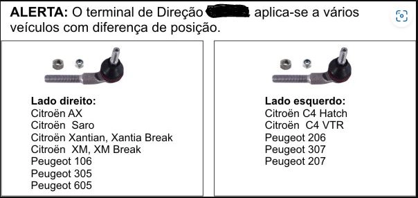 TERMINAL DIREÇÃO DIREITO/ESQUERDO PEUGEOT 106 91/ 305 82/90 605 87/94 206 98/ 307 01/ C4 04/ ESQ.