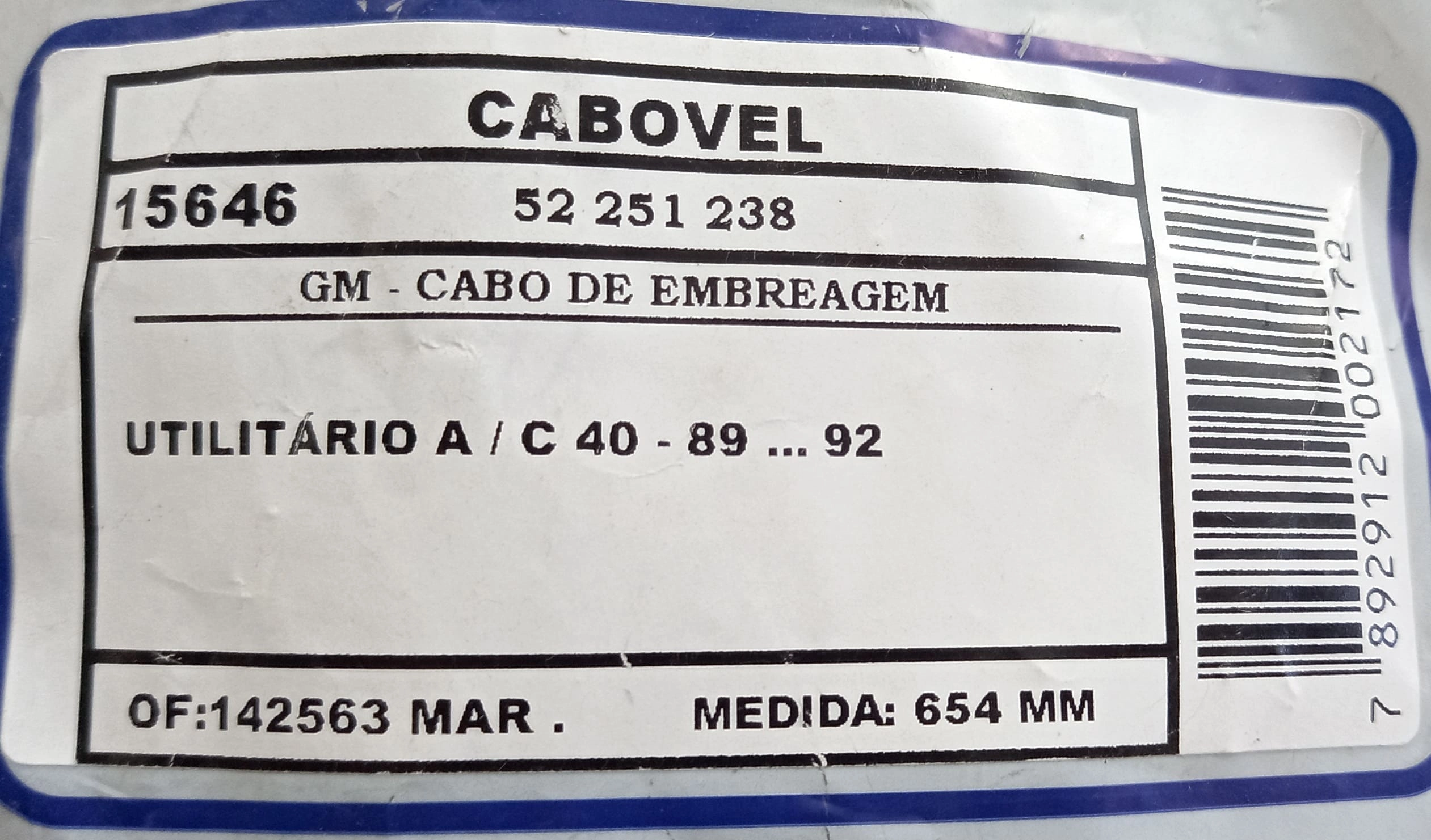 CABO EMBREAGEM GM A/C-40 89/92 654