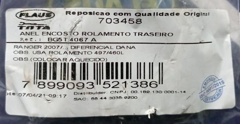 ANEL ENCOSTO ROLAMENTO SEMI EIXO TRASEIRO FORD RANGER 2007/ - DIFERENCIAL DANA U497/460L