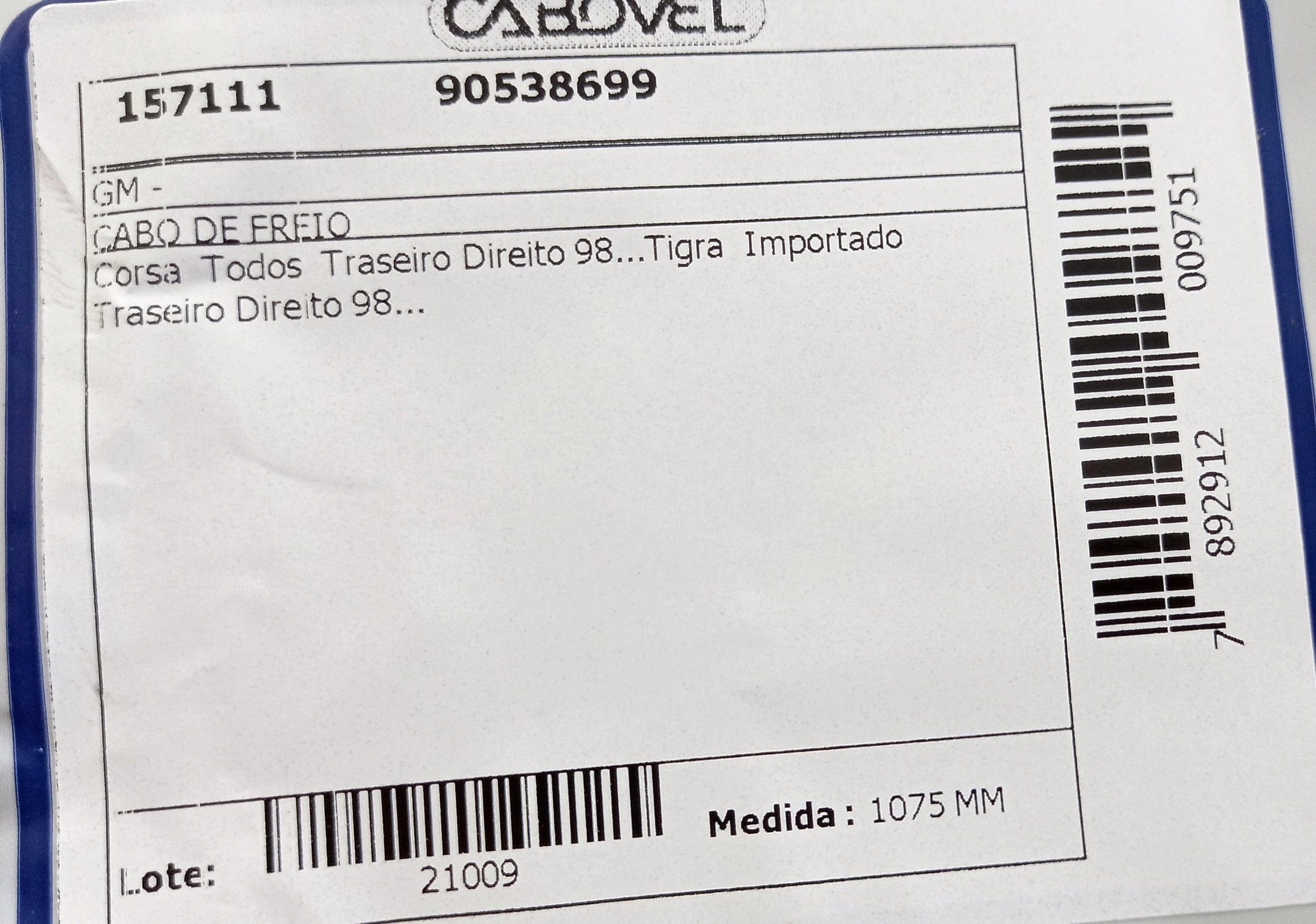 CABO FREIO TRASEIRO LADO DIREITO 1075MM GM CORSA 98/01 CLASSIC 02/ TIGRA98/