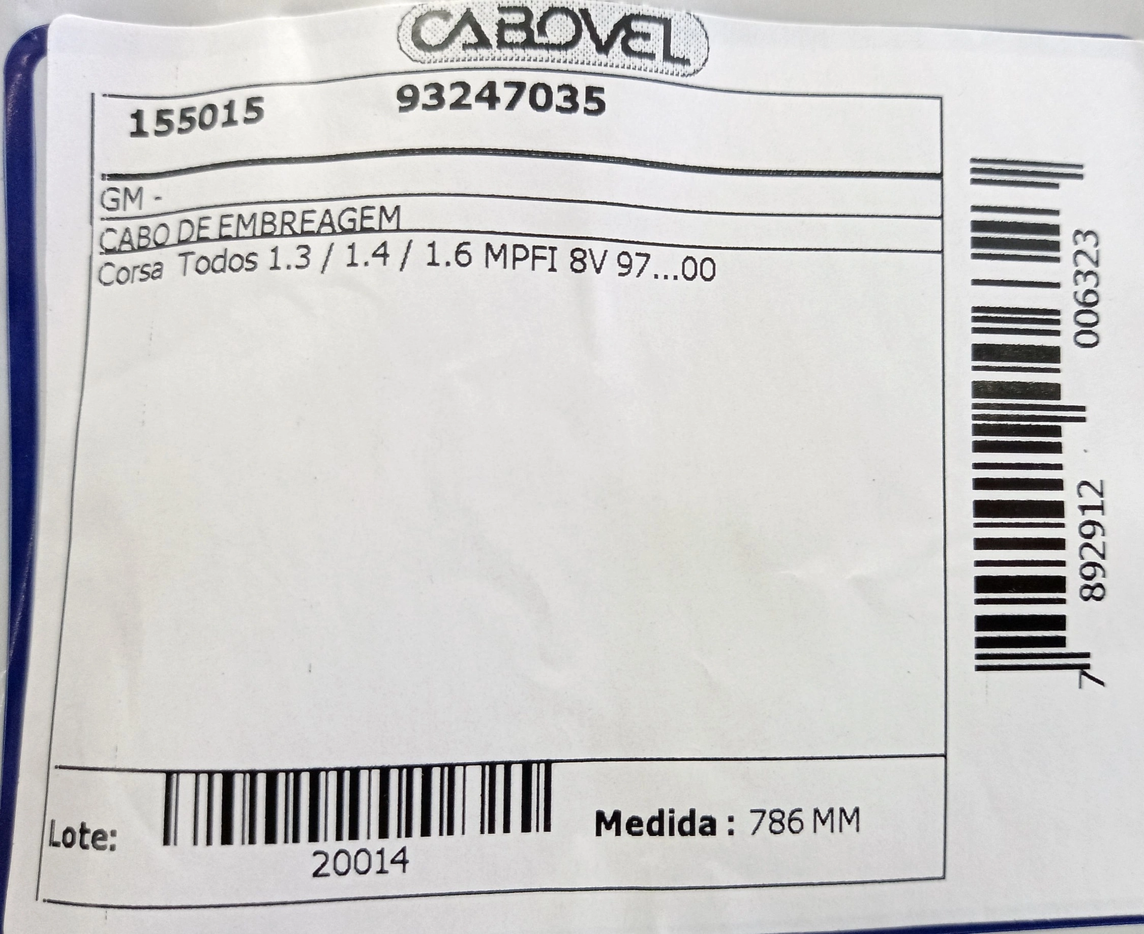 CABO EMBREAGEM 786MM GM CORSA 1.3/1.4/1.6 8V 1997/2000 MPFI