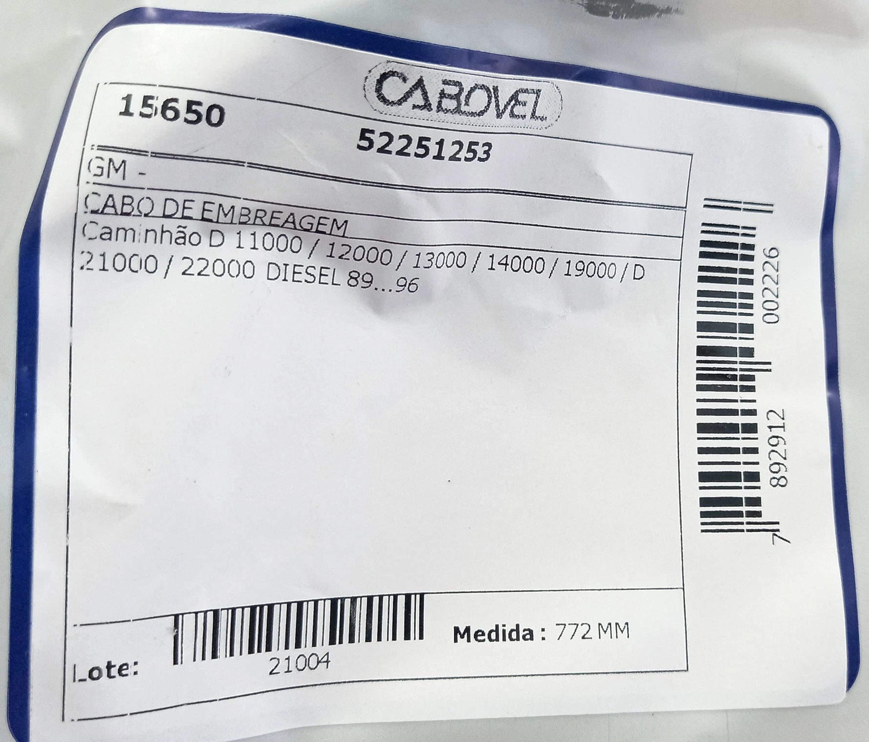 CABO EMBREAGEM GM D-11000/12000/13000/14000/19000/21000 DIESEL 89/96 772