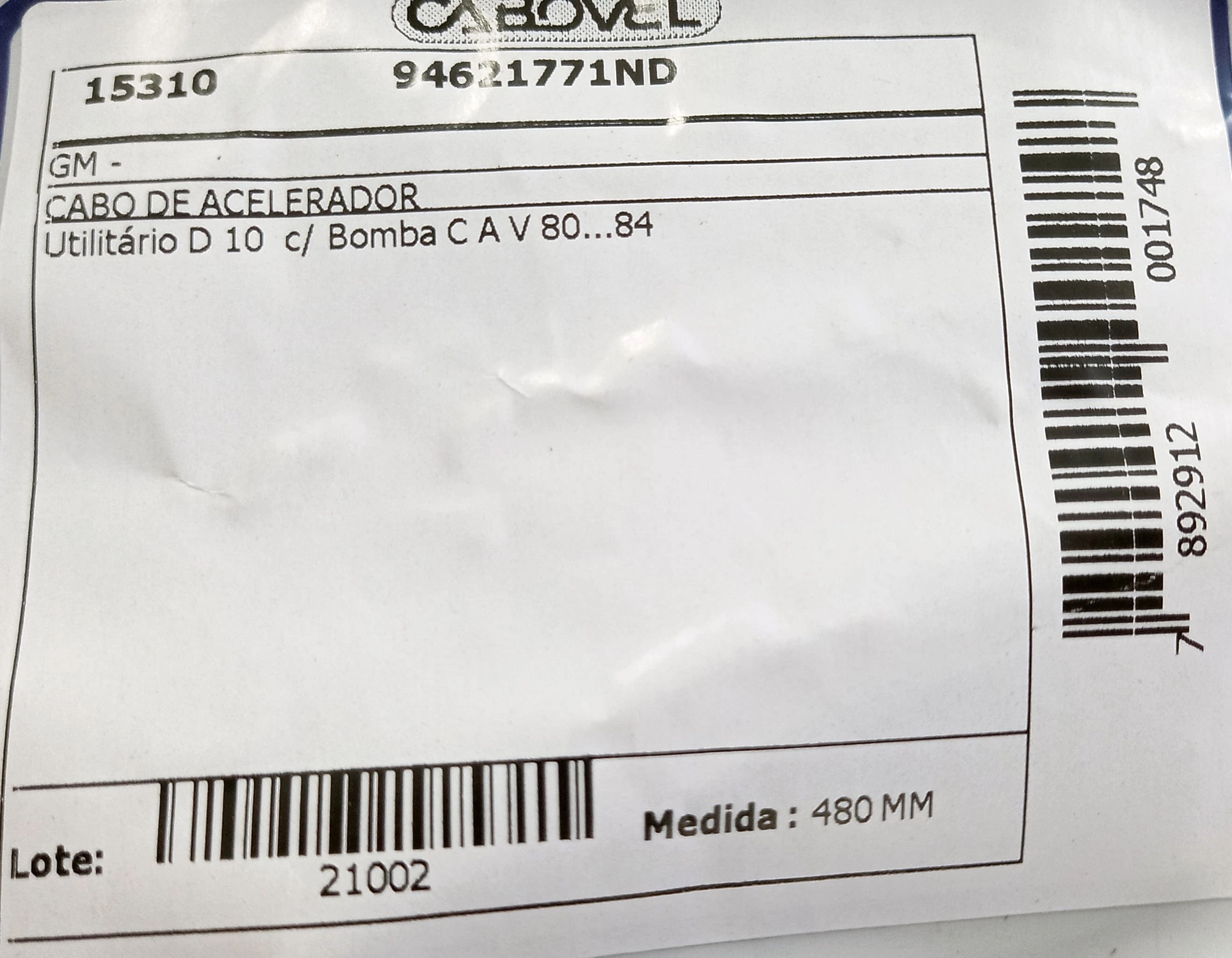 CABO ACELERADOR GM D-10 - C/BOMBA C A V 80/84 480