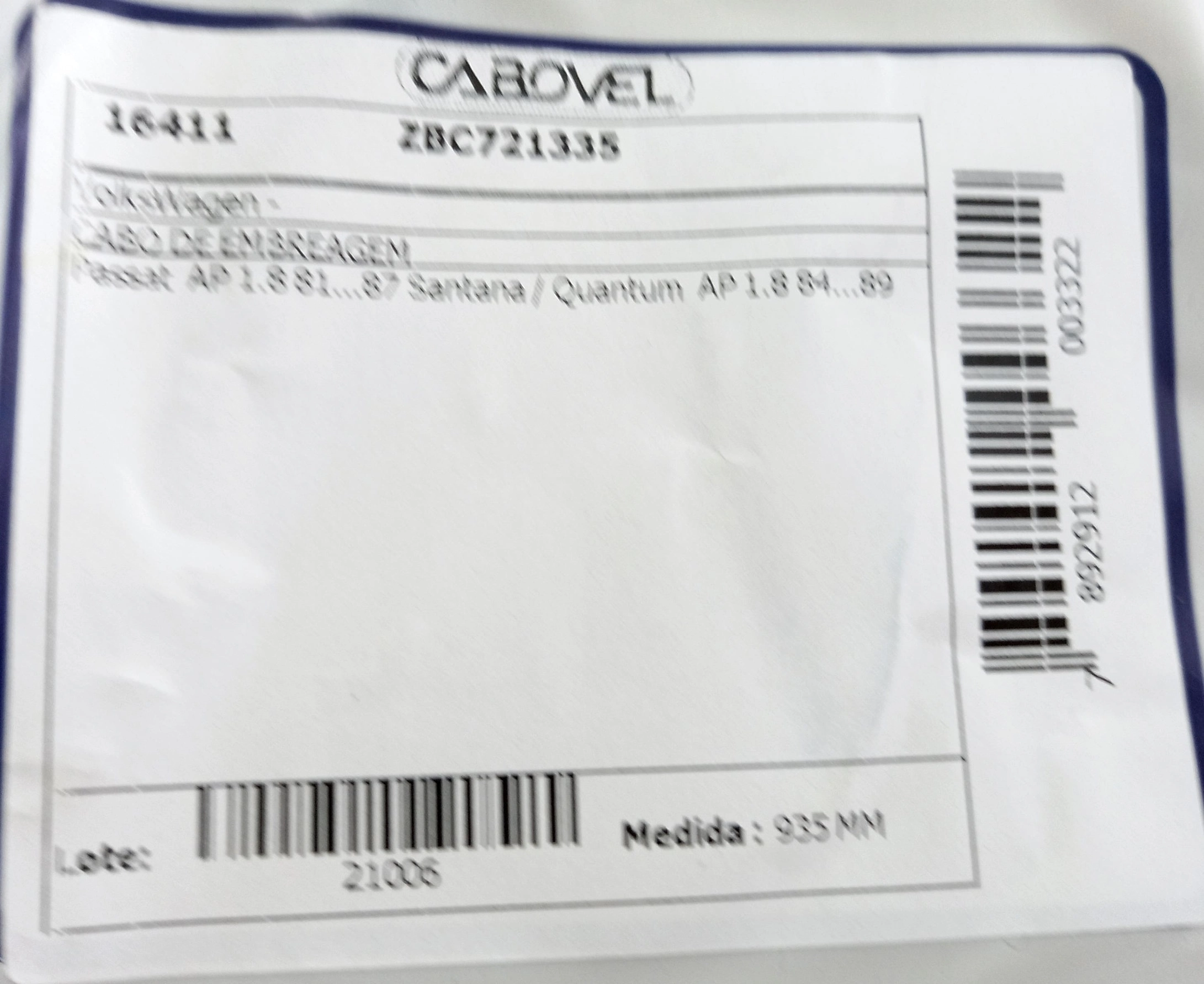 CABO EMBREAGEM 935MM VW SANTANA/QUANTUM MOTOR AP 1.8 1984/1989