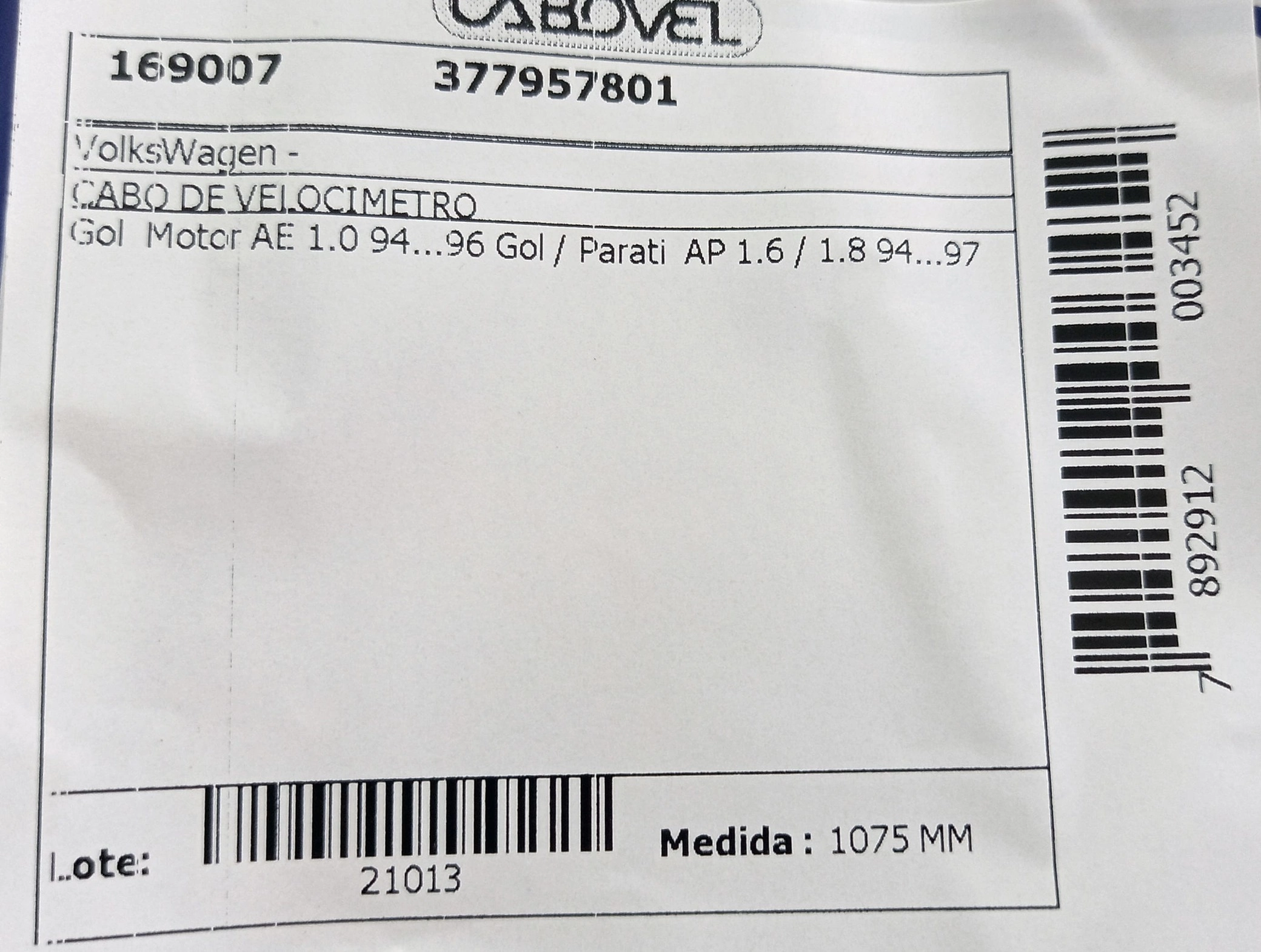 CABO VELOCIMETRO VW GOL MOTOR AE 1.0 94/96 - GOL/PARATI - AP 1.6/1.8 94/97 1075