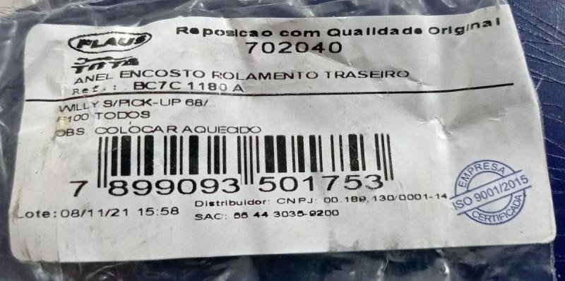ANEL ENCOSTO ROLAMENTO SEMI EIXO TRASEIRO  FORD F-100 68/ - WILLYS TODOS - ROLAMENTO 88128