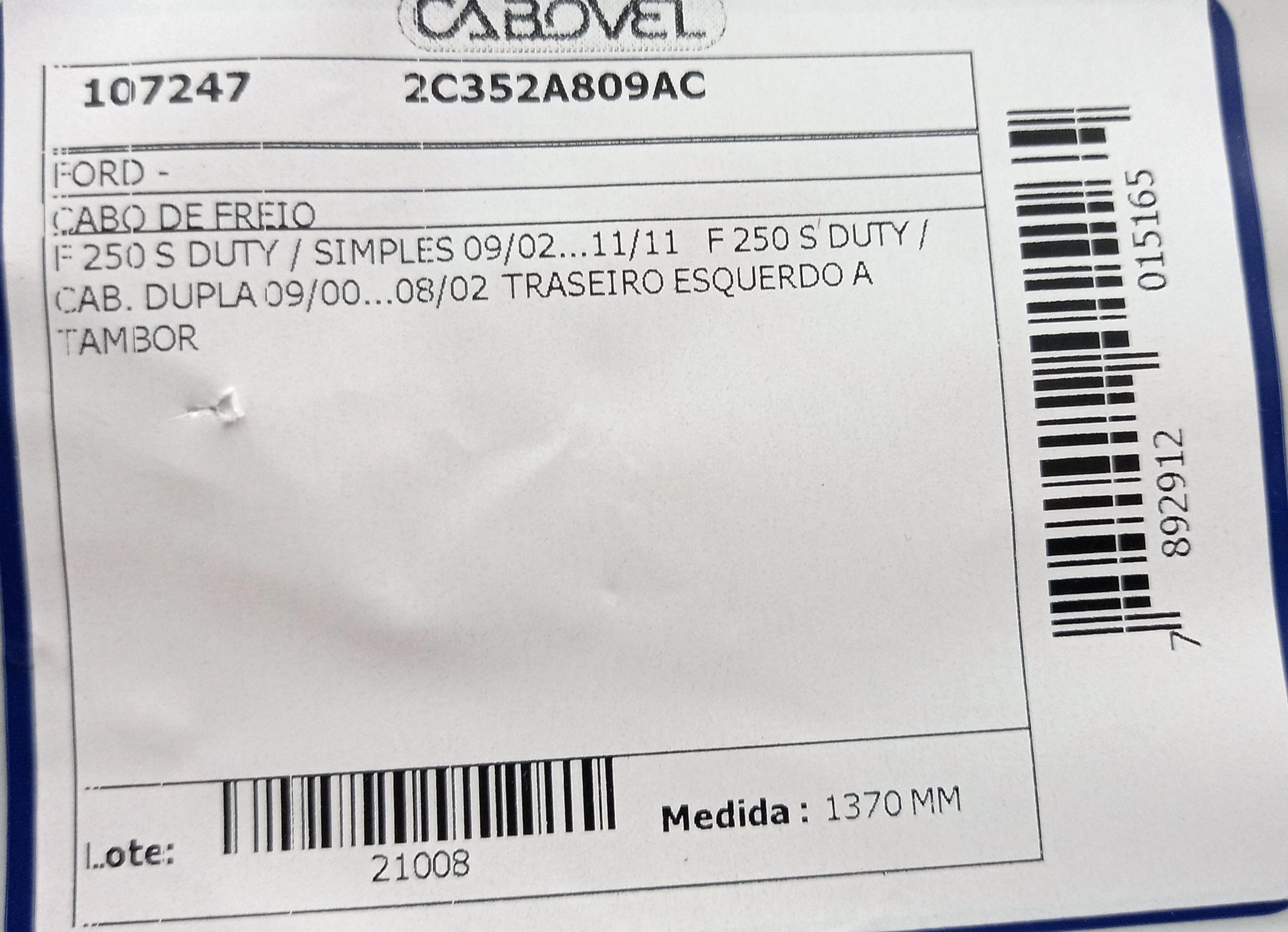 CABO FREIO TRASEIRO ESQUERDO 1370MM FORD F-250 08.2002/