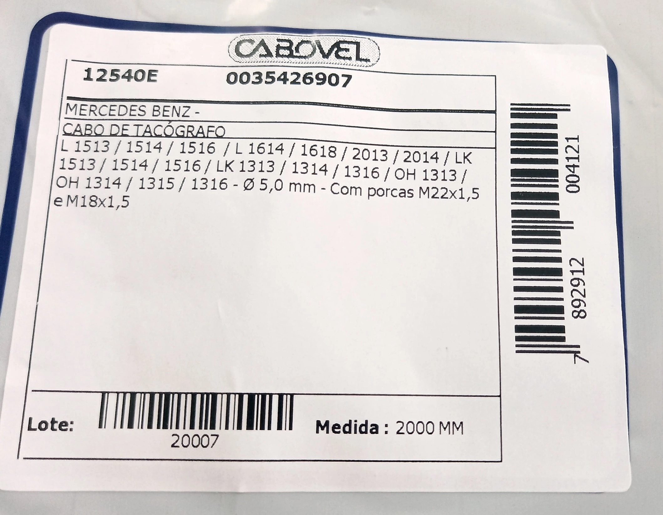 CABO VELOCIMETRO MB L 1513/1514/1516/L 1614/1618/2013/2014 2000MM