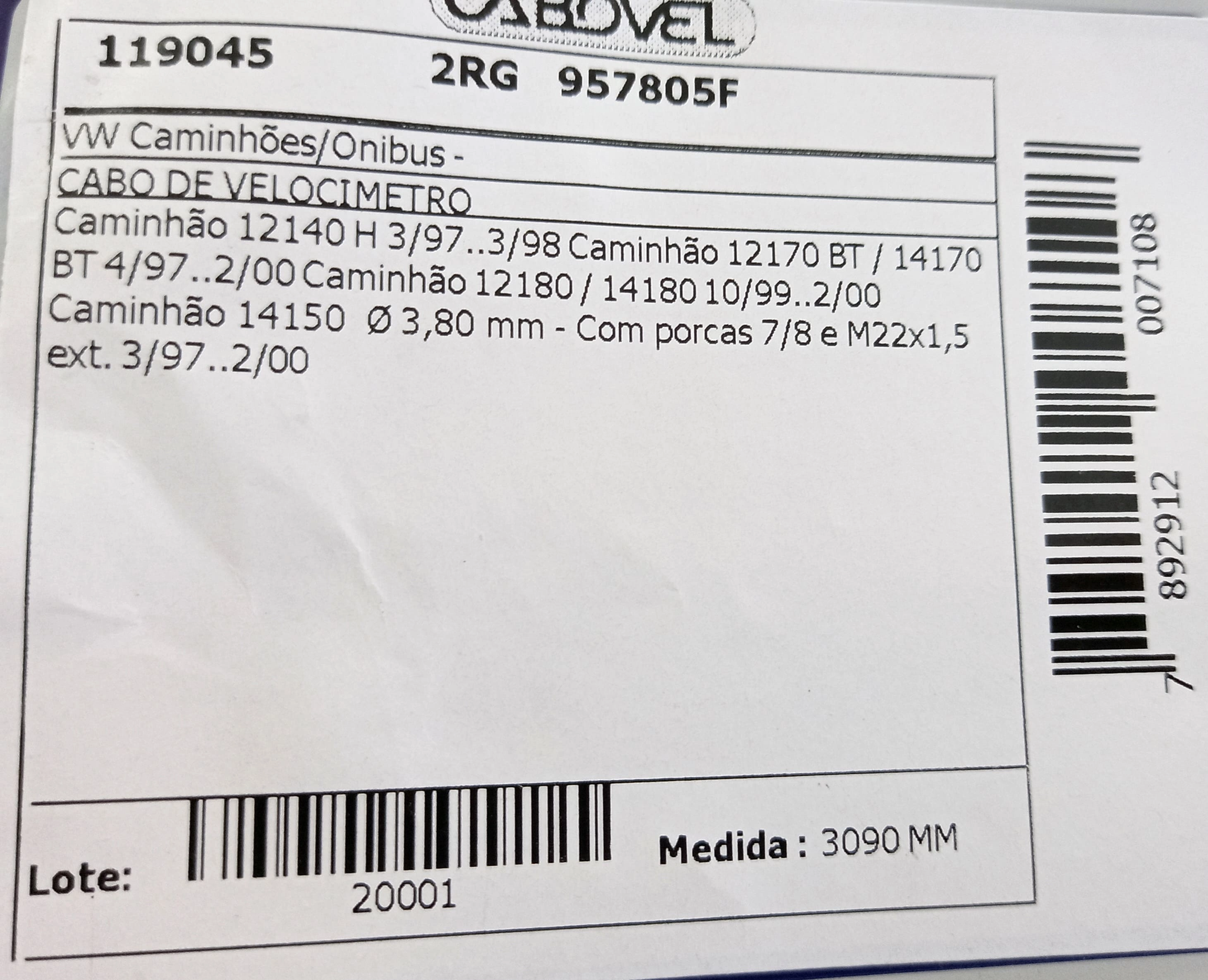 CABO VELOCIMETRO VW 12.140H/12.170BT/12.180/14.180/14.150/14.1 3090MM
