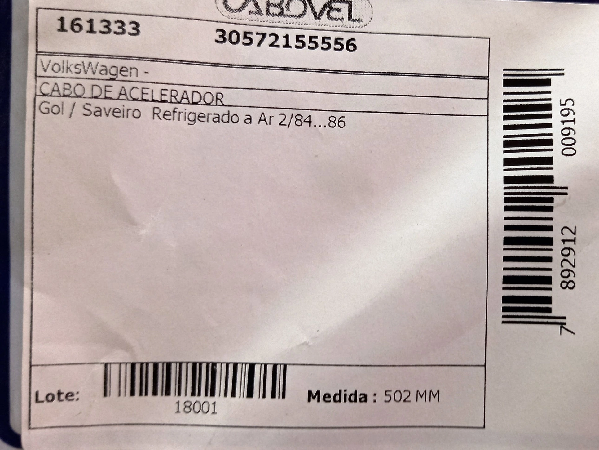 CABO ACELERADOR VW GOL/SAVEIRO - REFRIGERADO A AR 02.84/86 502