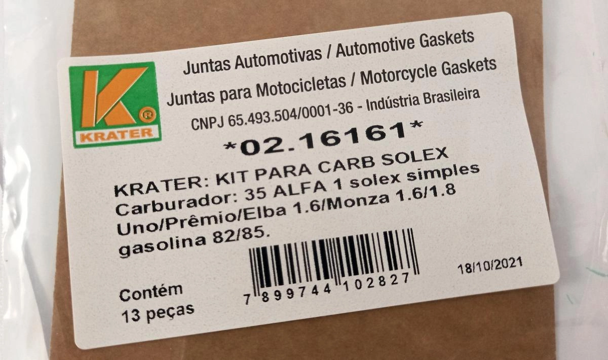 KIT/REPARO CARBURADOR FIAT UNO/PREMIO/ELBA 1.6 GM MONZA 1.6/1.8 82/85 BROSOL SOLEX 35 ALFA1 SIMPLES