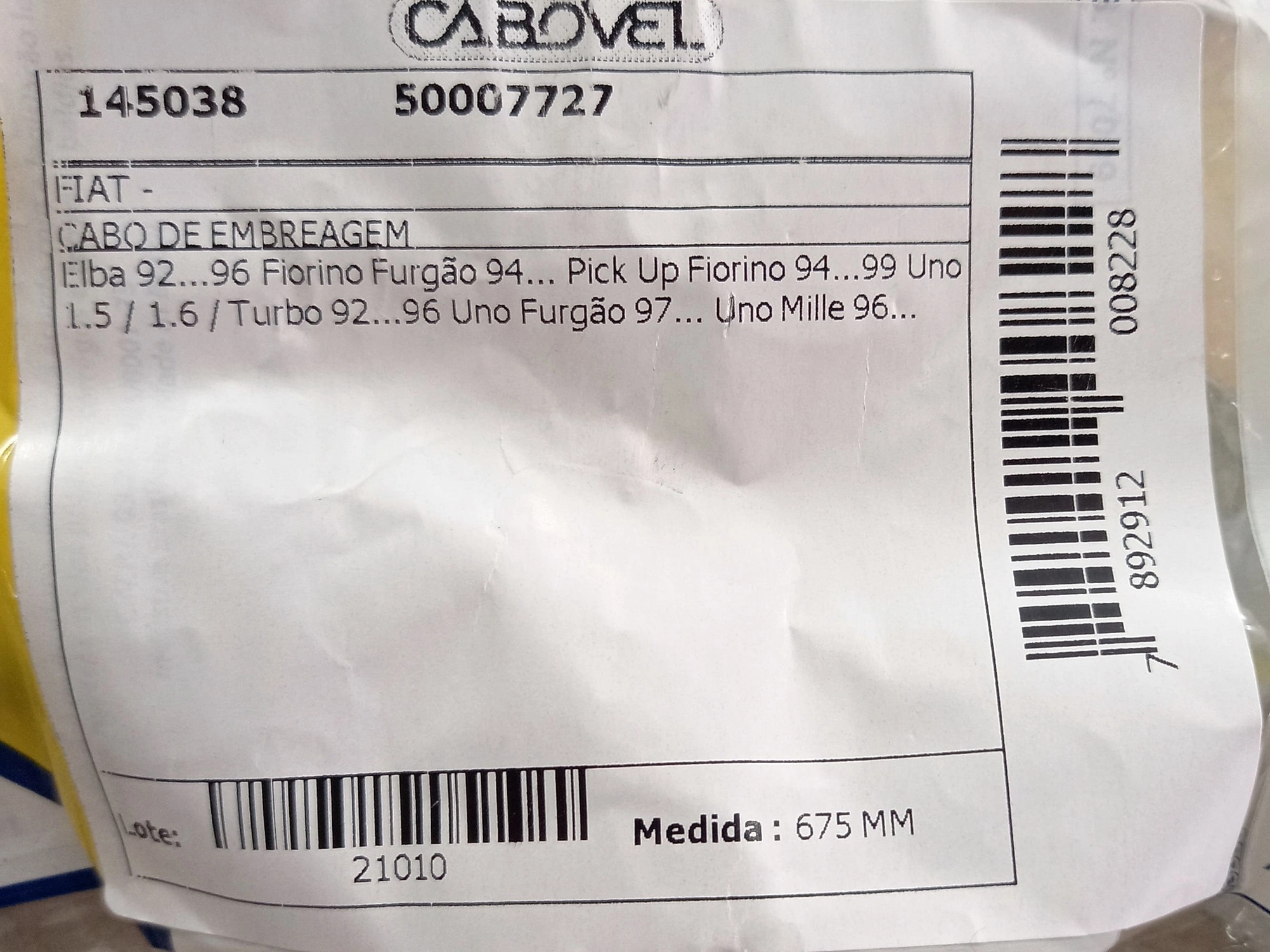 CABO EMBREAGEM FIAT UNO MILLE 96/ - 1.5/1.6/TURBO 92/96 - ELBA 92/96 675MM