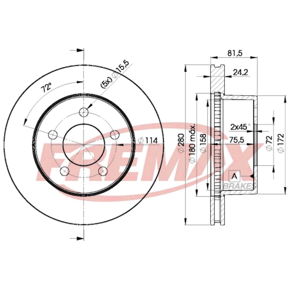 DISCO FREIO DIANTEIRO VENTILADO 280MM 5 FUROS CHRYSLER GRAND CHEROKEE TROLLER
