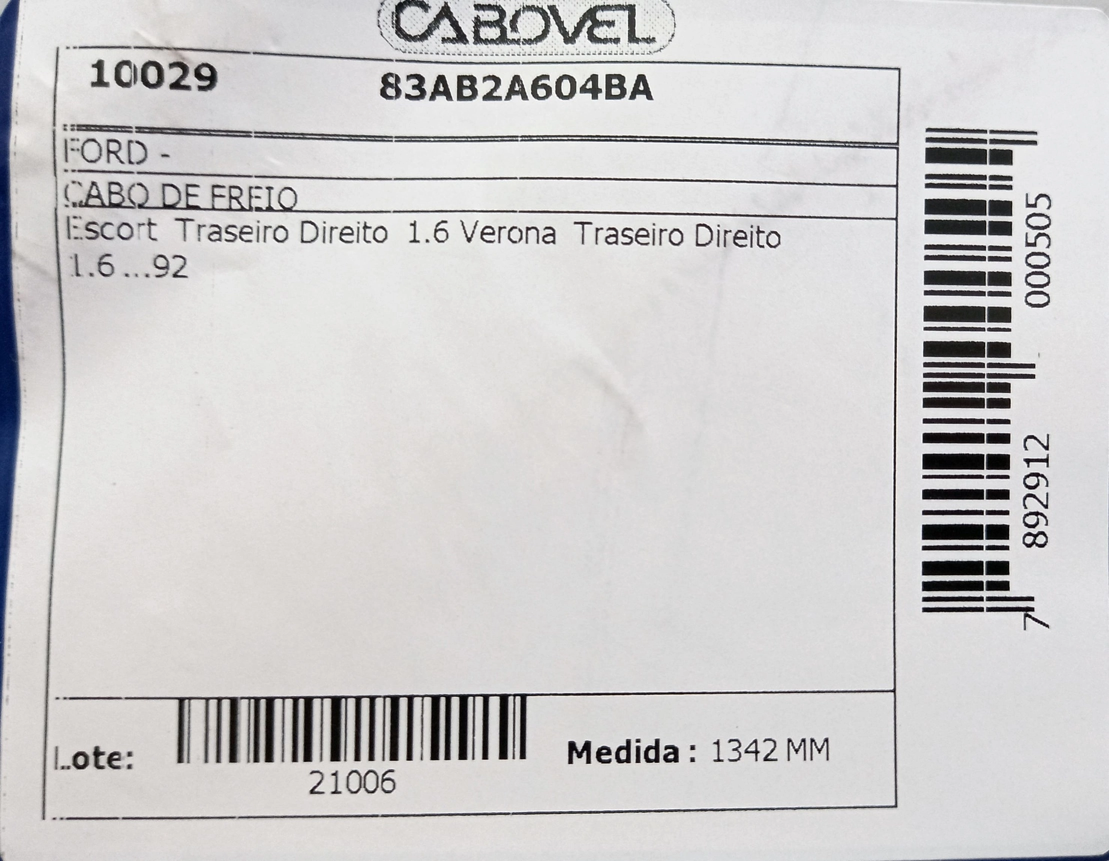 CABO FREIO TRASEIRO LADO DIREITO 1342MM FORD ESCORT/VERONA 1.6 /1992