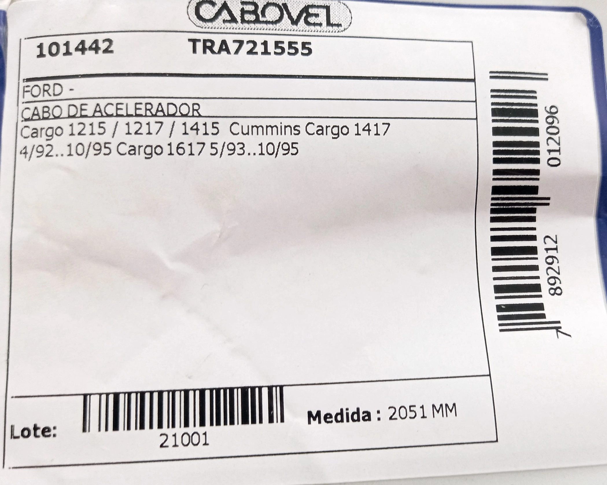 CABO ACELERADOR MOTOR CUMMINS 2051MM FORD CARGO 1215/1217/1415/1417/1617 04.92/10.95