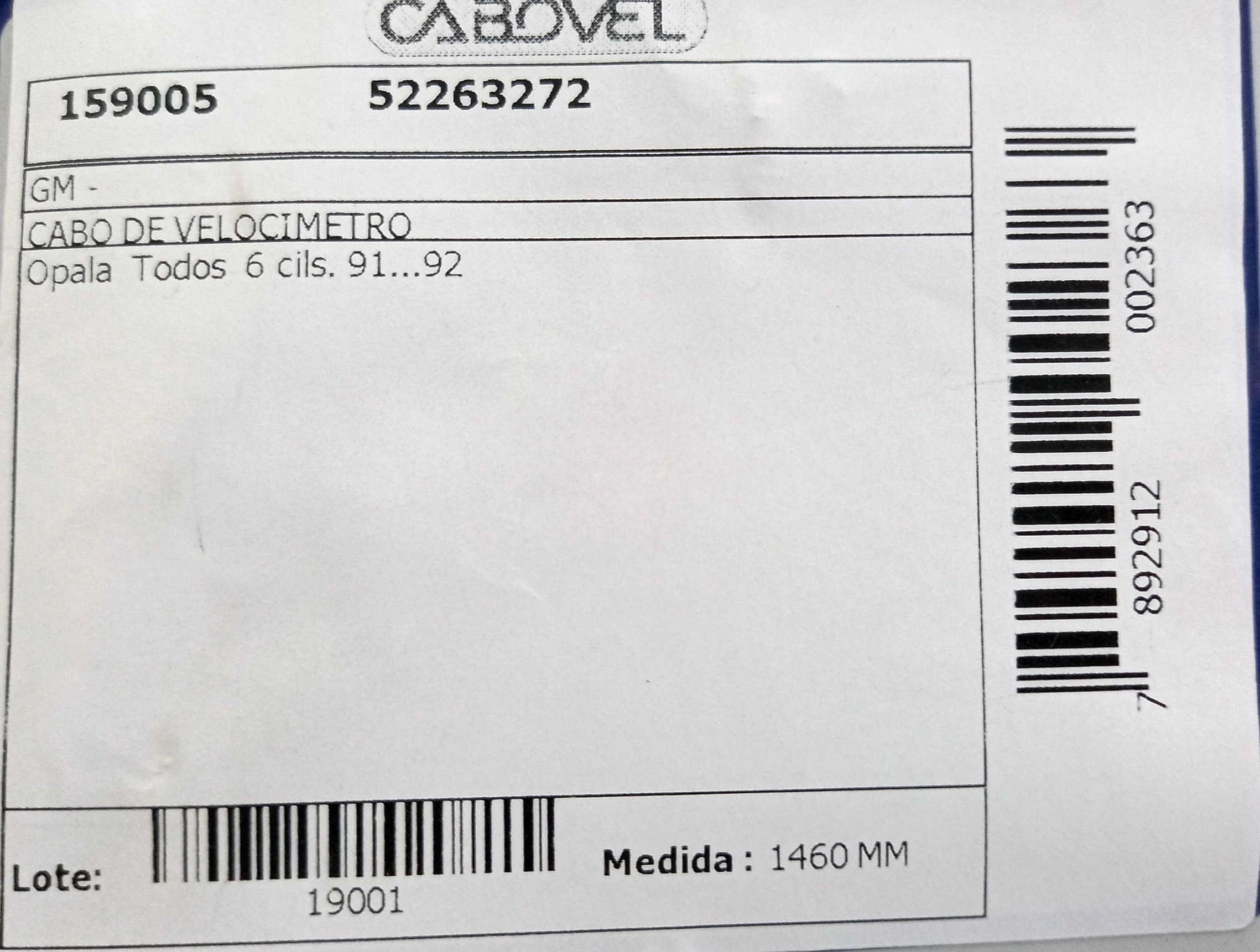 CABO VELOCIMETRO GM OPALA/CARAVAN - TODOS - 6 CIL. 91/92 1460
