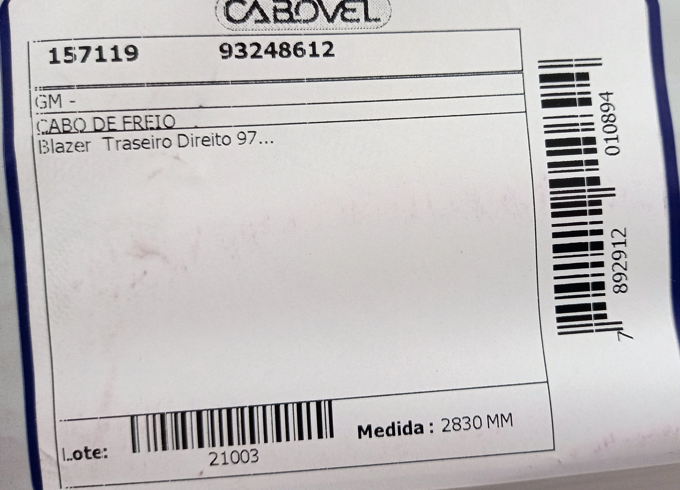 CABO FREIO TRASEIRO DIREITO 2830MM GM BLAZER 97/12 S-10/S-10 4.3 MPFI 6 CIL