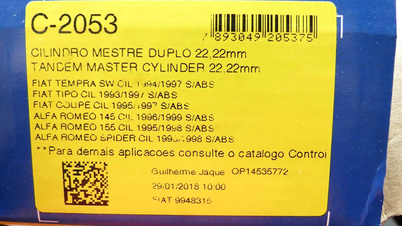 CILINDRO MESTRE FREIO DUPLO 22.22MM FIAT TIPO 93/97 TEMPRA SW 94/97 COUPE 95/97 7/8