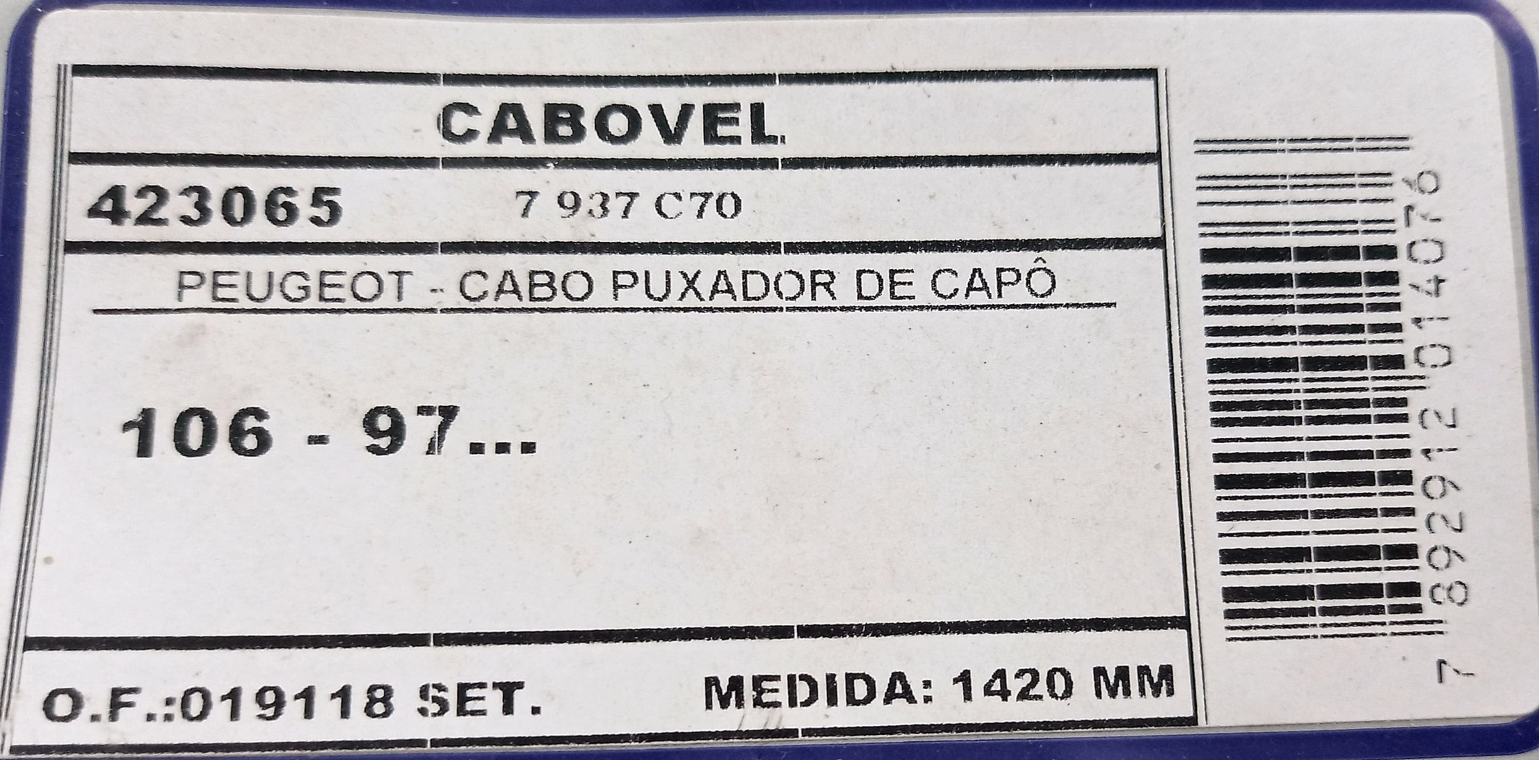 CABO CAPÔ COM ALAVANCA 1420MM PEUGEOT 106 1997/