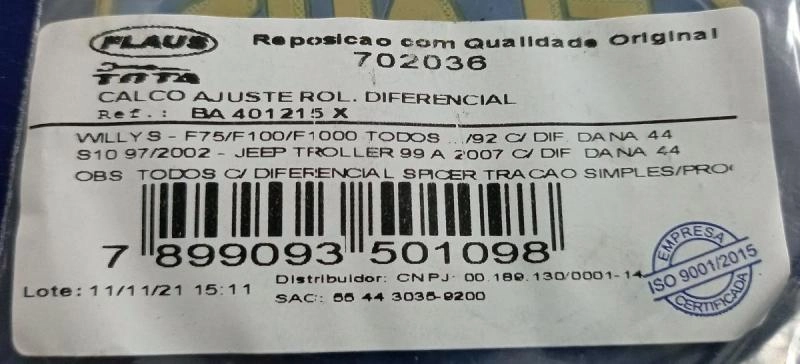 KIT CALÇOS DE AJUSTE DO PINHÃO FORD F-100/1000 /92 WILLYS TODOS - GM S-10/BLAZER 97/ - DANA 44