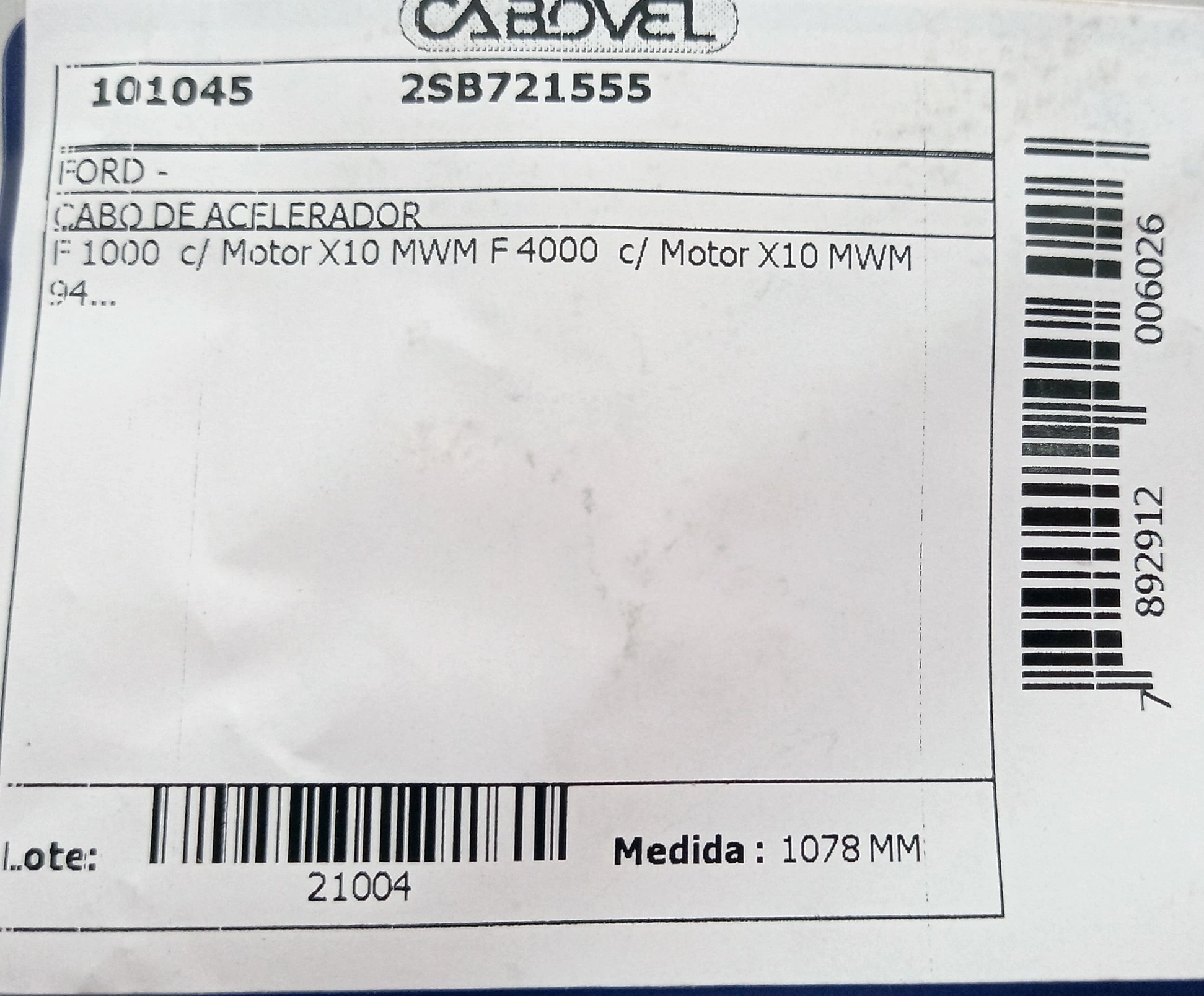 CABO ACELERADOR COM MOTOR X10 MWM 1078MM FORD F-1000/F-4000 1994/