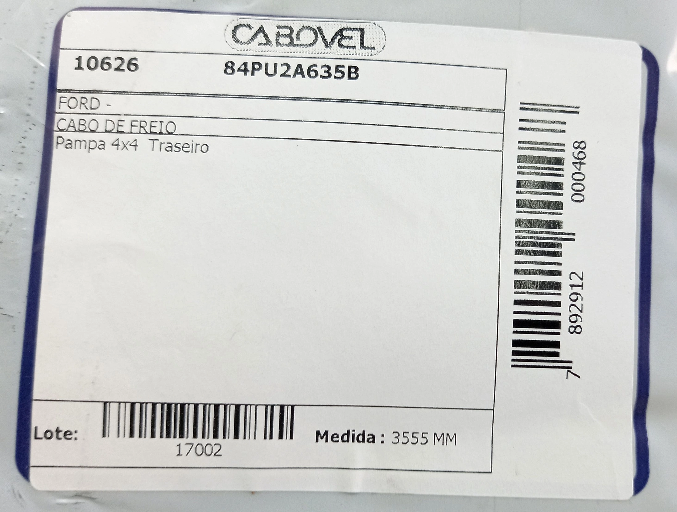 CABO FREIO TRASEIRO 3555MM FORD PAMPA 4X4 PARA AS DUAS RODAS