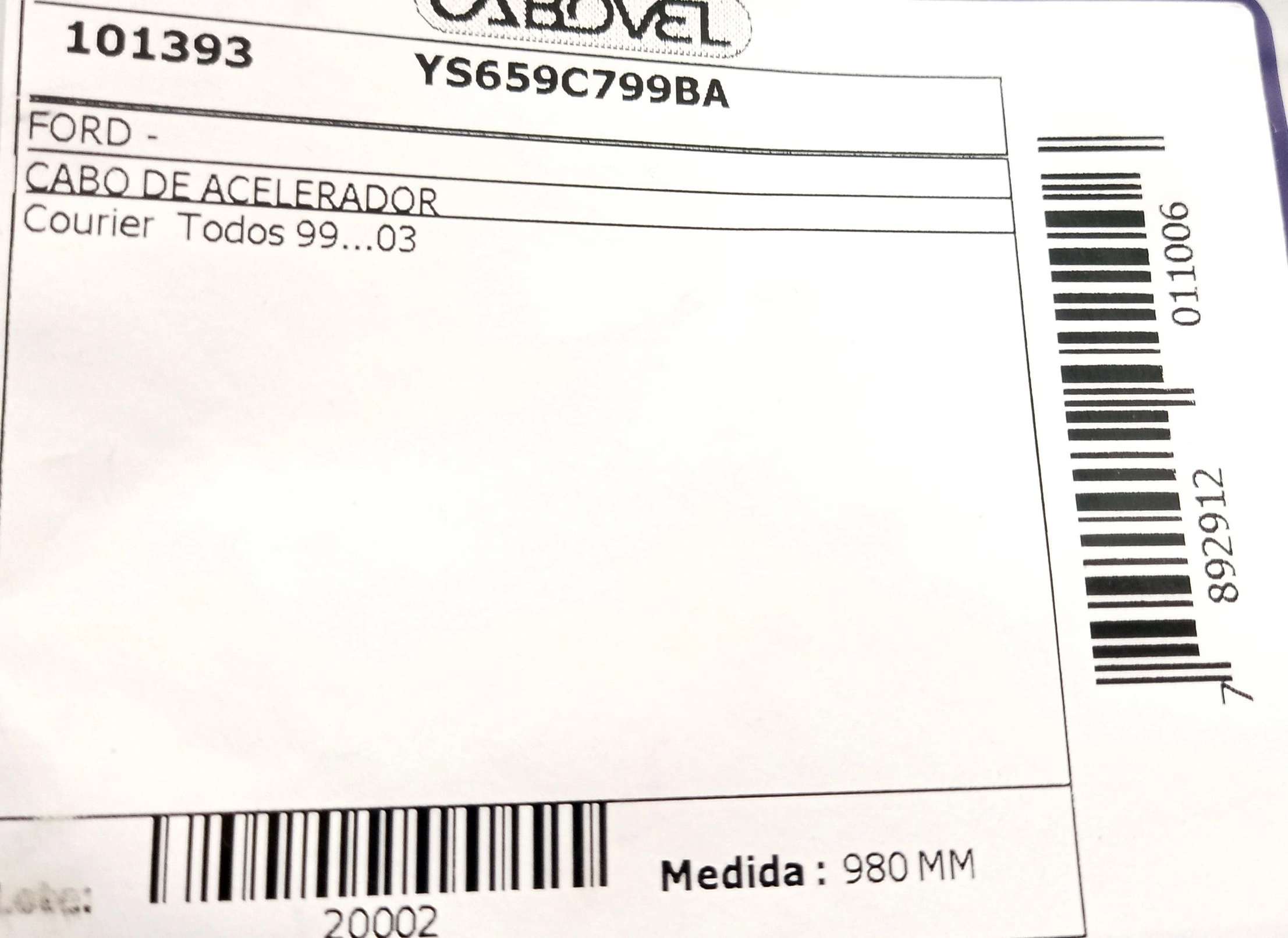 CABO ACELERADOR MOTOR ZETEC ROCAM 980MM FORD COURIER 99/03 1.6 8V FIESTA