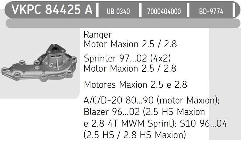 BOMBA ÁGUA MOTOR MAXION AGUA FORD F-1000/RANGER 2.5/2.8 98/ GM S-10/BLAZER MB SPRINTER 95/