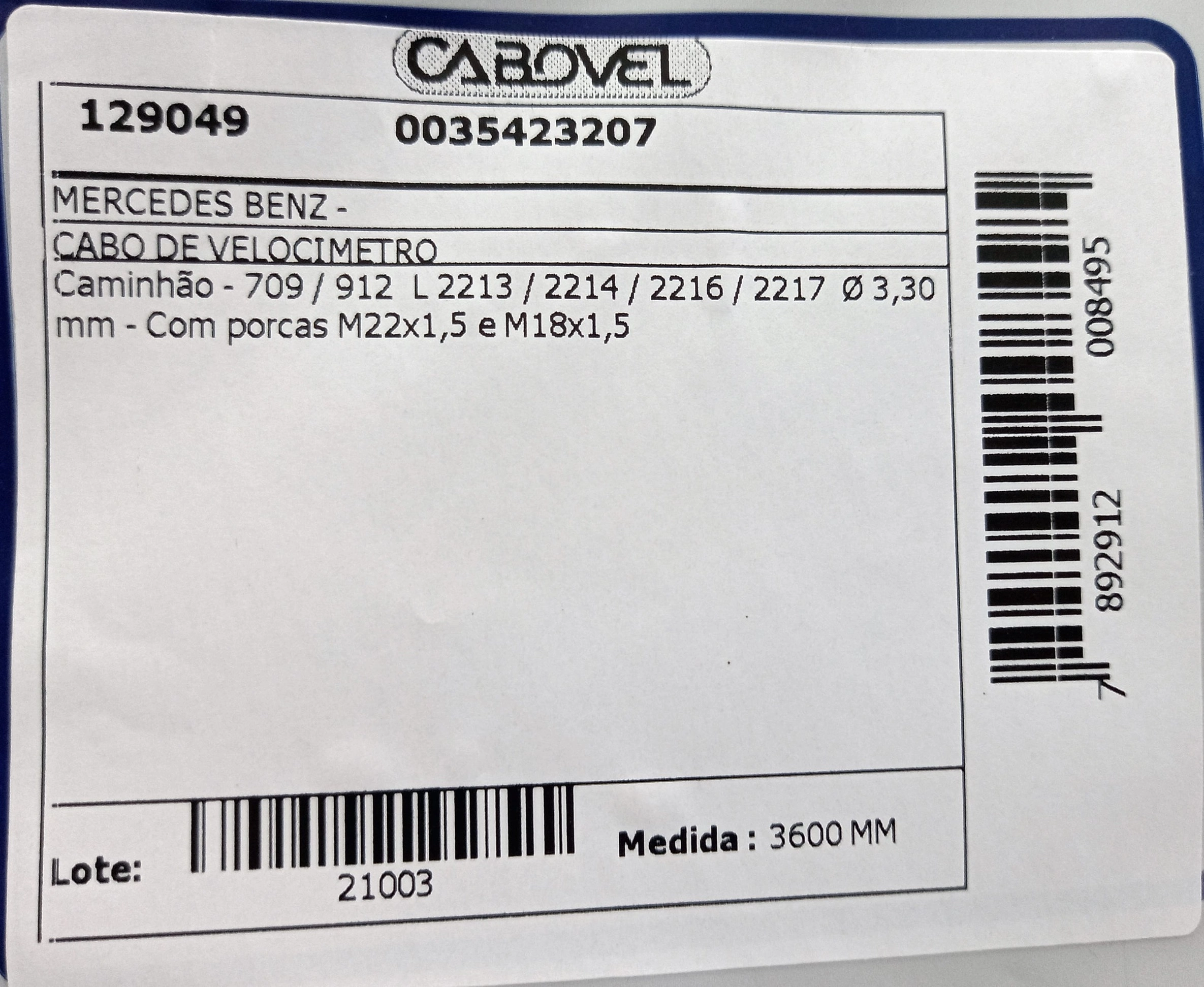 CABO VELOCÍMETRO 3600MM VELOCIMETRO MB 709/912/2213/2214/2216/2217