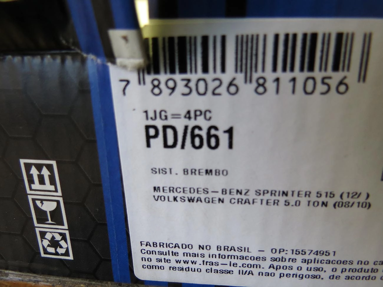 PASTILHA DE FREIO DIANTEIRA MB SPRINTER 314/416/417/515/516 2.2 16V 2012/2024