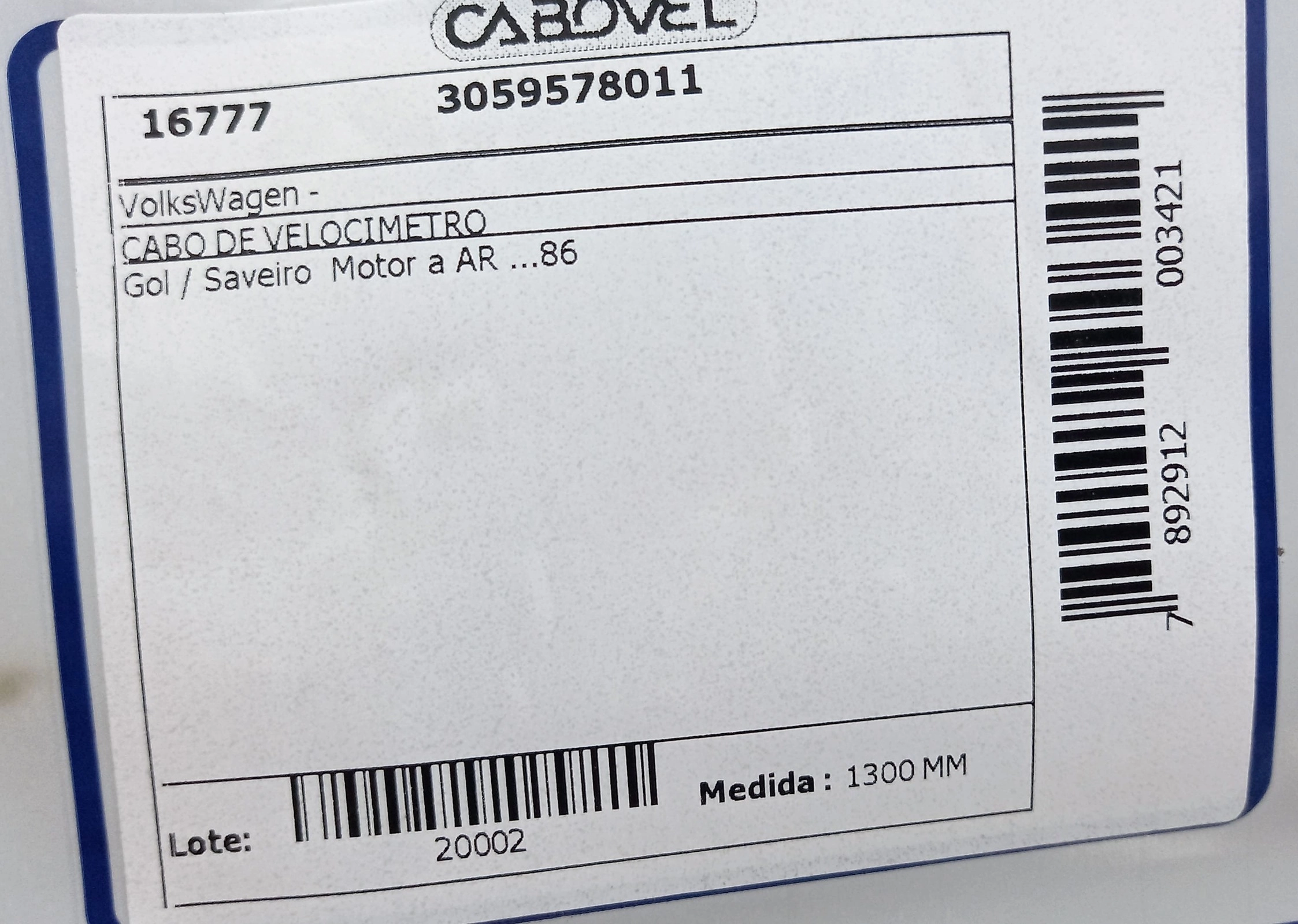 CABO VELOCIMETRO VW GOL/SAVEIRO - MOTOR A AR/86 1300