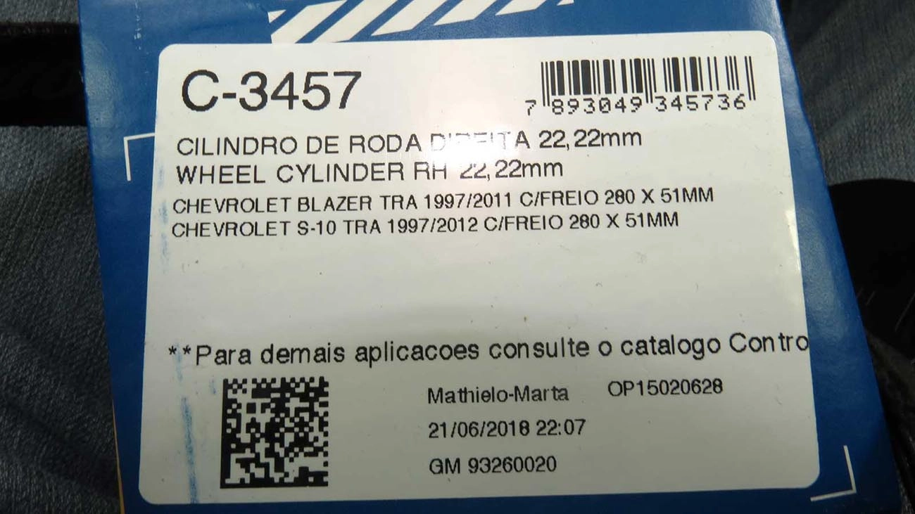 CILINDRO RODA FREIO TRASEIRO LADO DIREITO TRASEIRA DIREITA GM S-10/BLAZER 97/2011 GASOLINA 4 CILINDROS 7/8 22,22MM