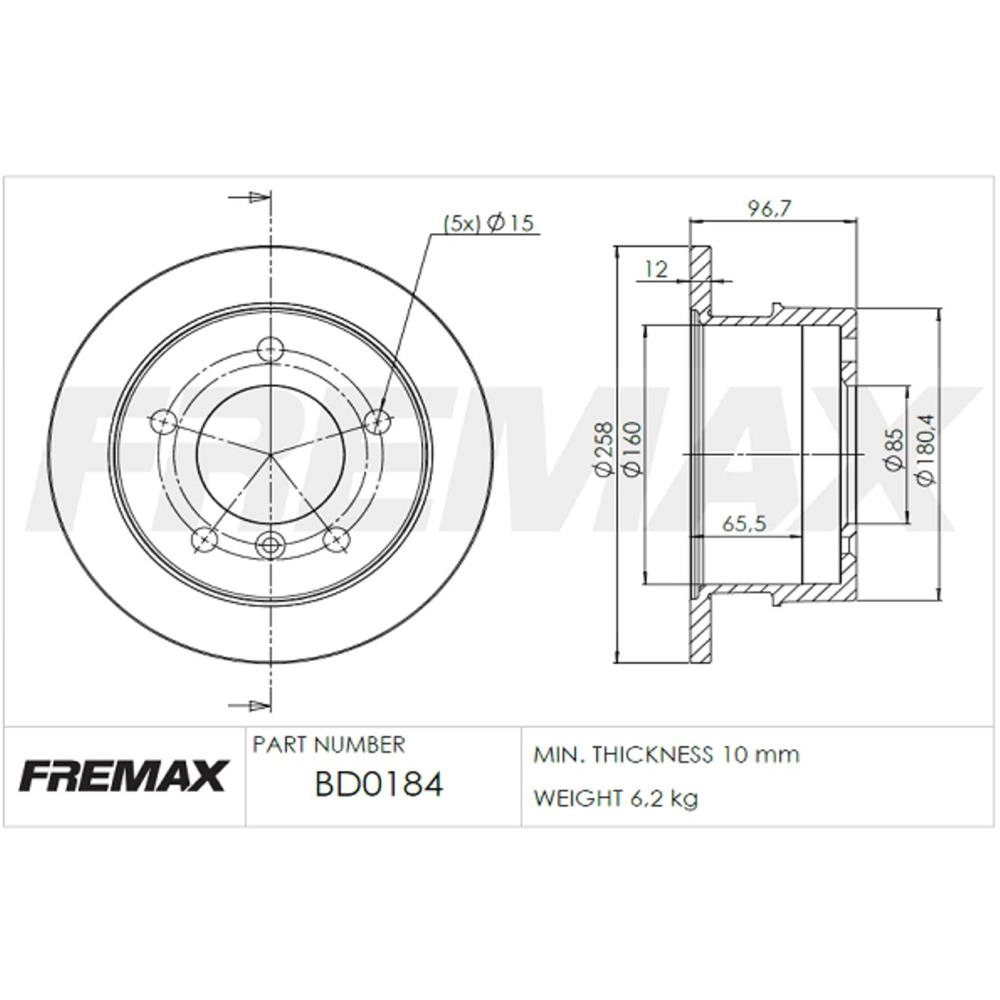 DISCO FREIO TRASEIRO SÓLIDO 258MM 5 FUROS MB SPRINTER 312/313/412/413 2.2/2.5 99/12