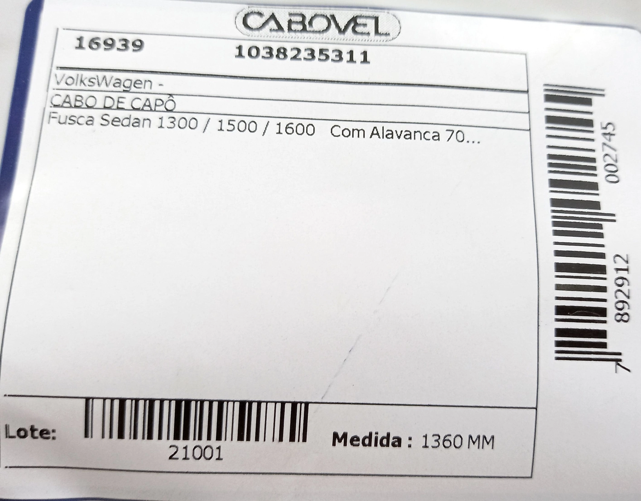 CABO CAPO VW FUSCA 1300/1500/1600 70/ 1360