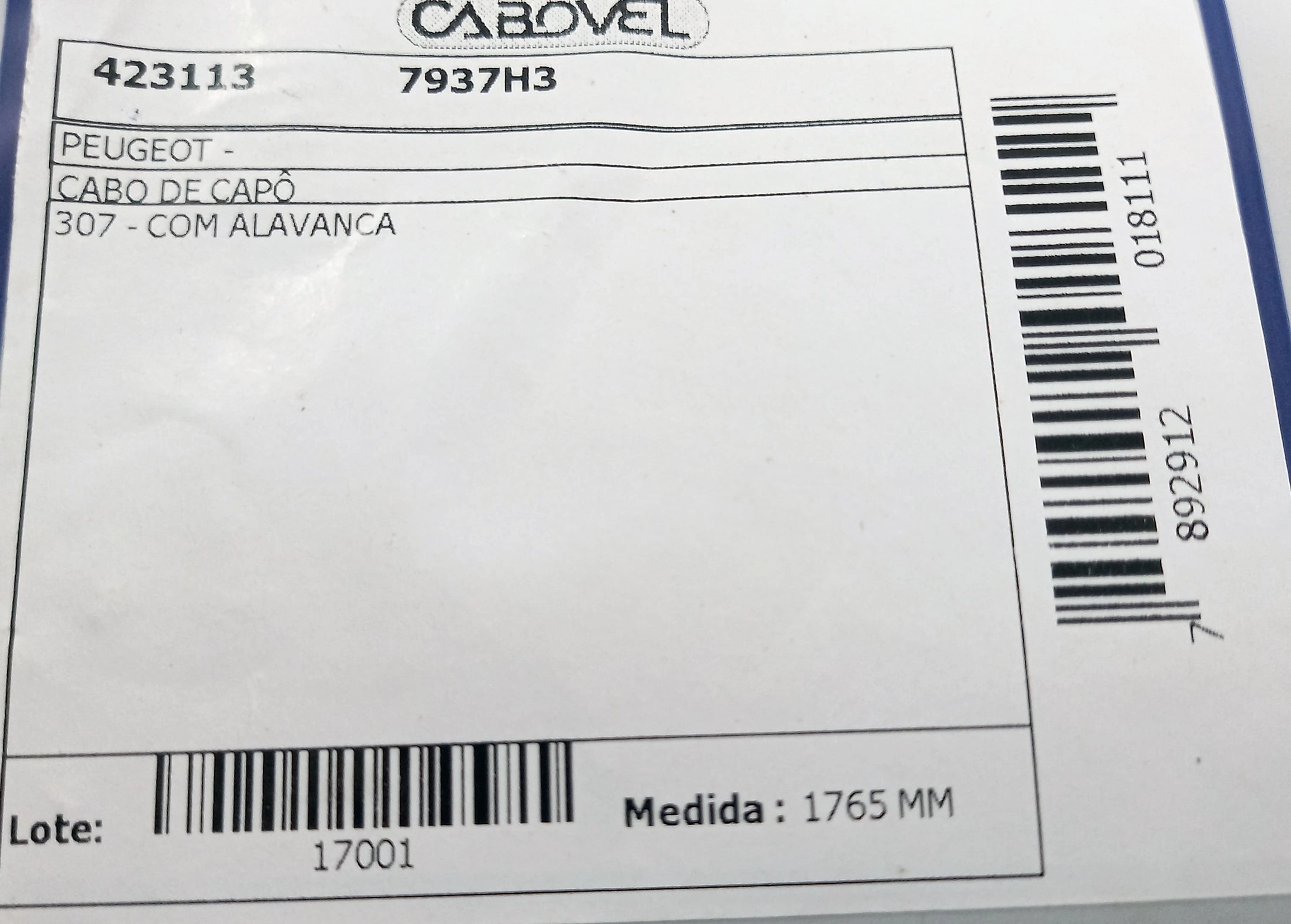 CABO DE CAPÔ COM ALAVANCA PEUGEOT 307 2002/ - 1765MM