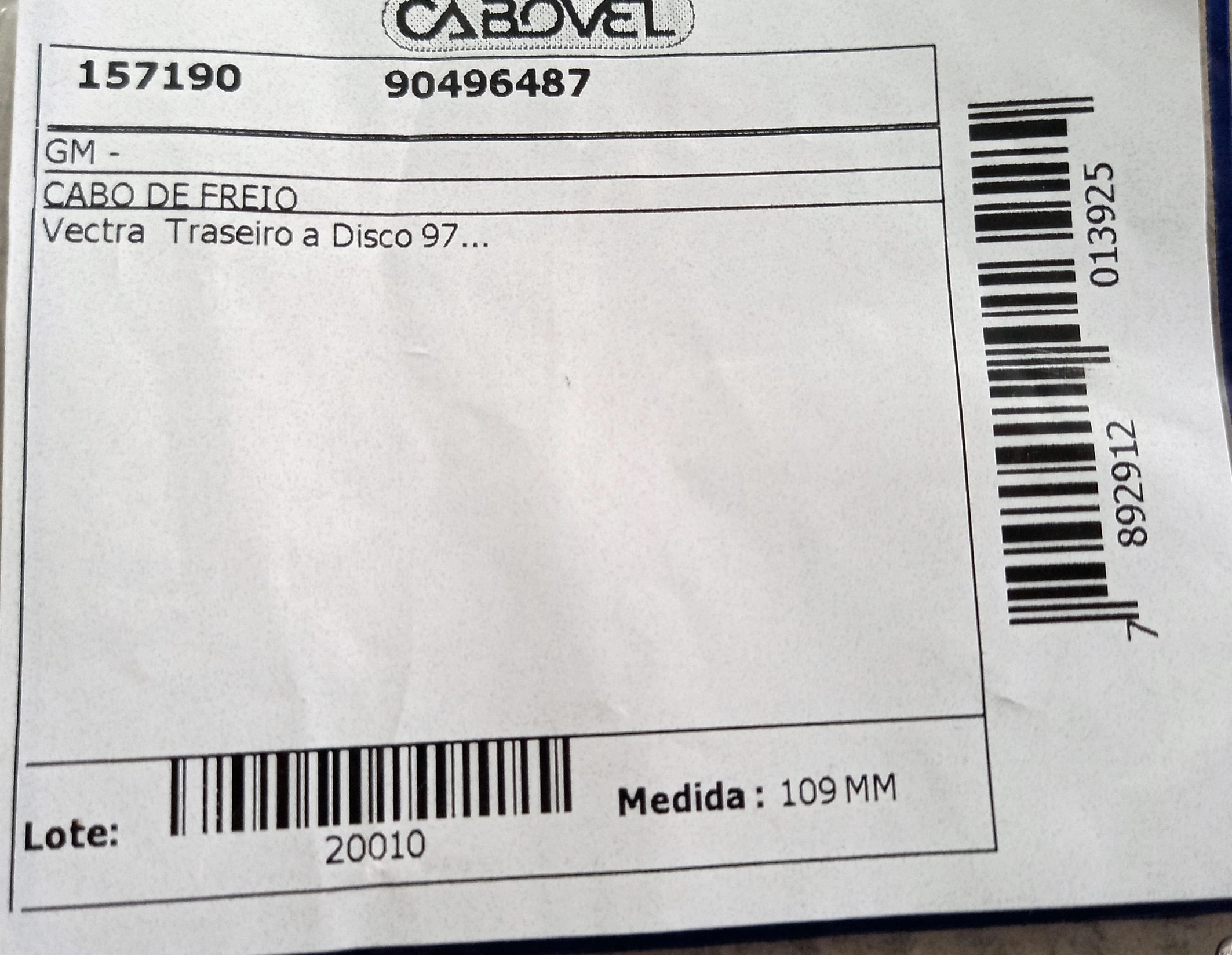 CABO FREIO GM VECTRA - COMPLEMENTO TRASEIRO A DISCO 97/ 109