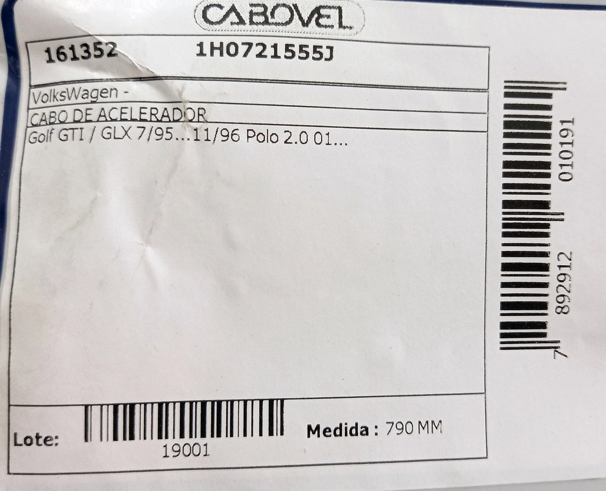 CABO ACELERADOR 790MM VW GOLF GTI/GLX 07.95/11.96 790