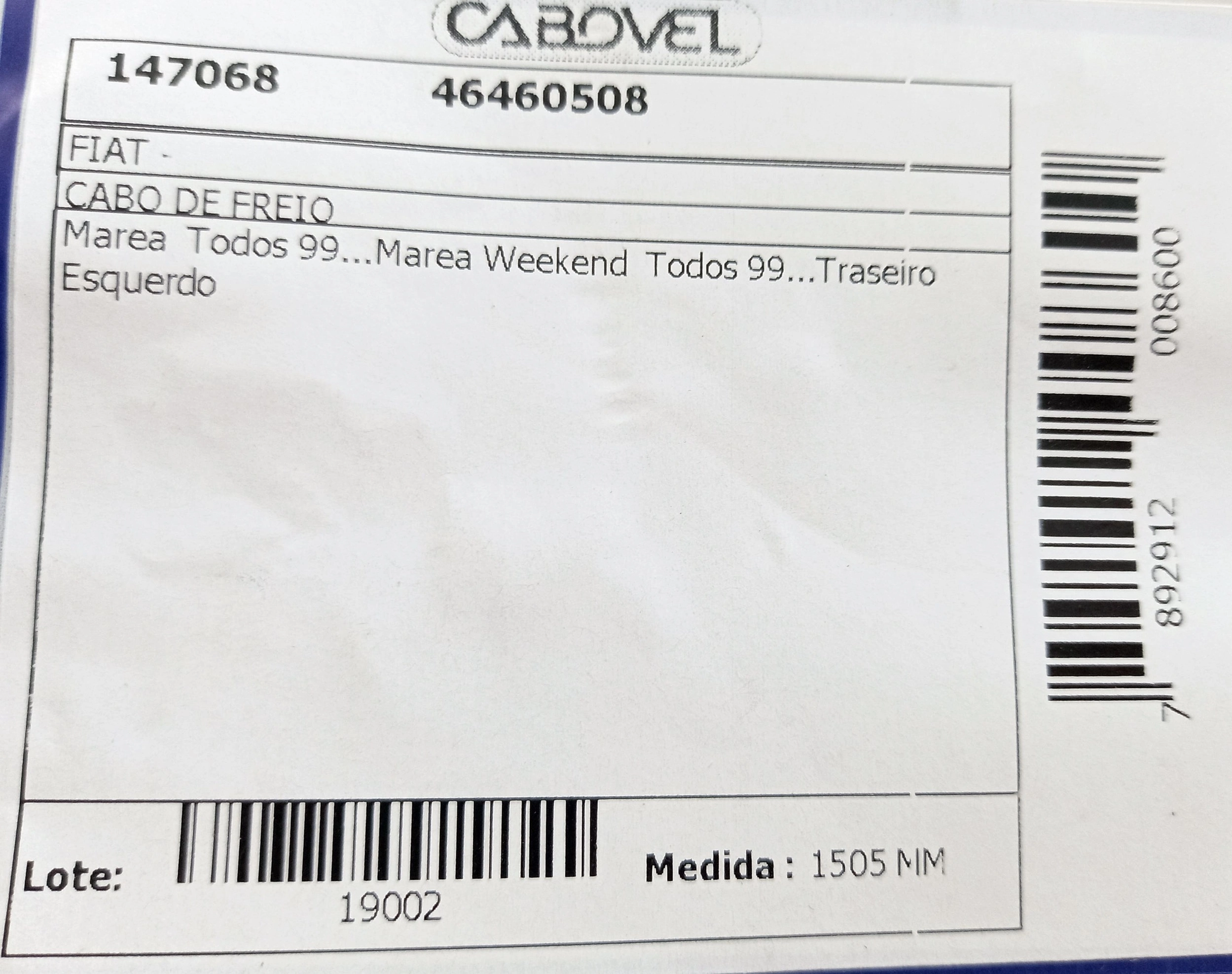 CABO FREIO TRASEIRO ESQUERDO 1505MM FIAT MAREA/MAREA WEEKEND TODOS 99/