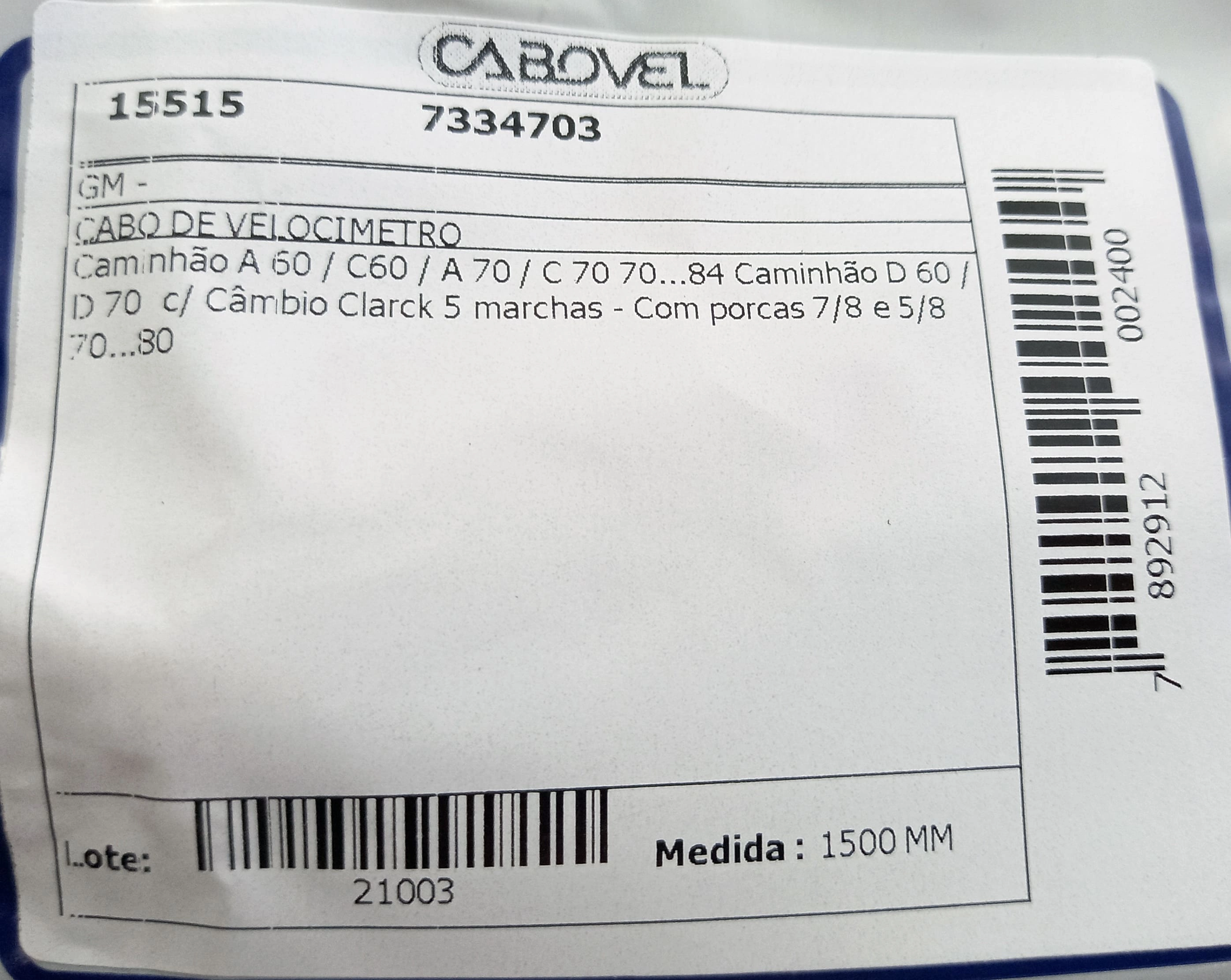 CABO VELOCIMETRO GM A-60/C-60/A 70/C-70 CAMBIO CLARCK 5 MARCHAS 70/84 1500