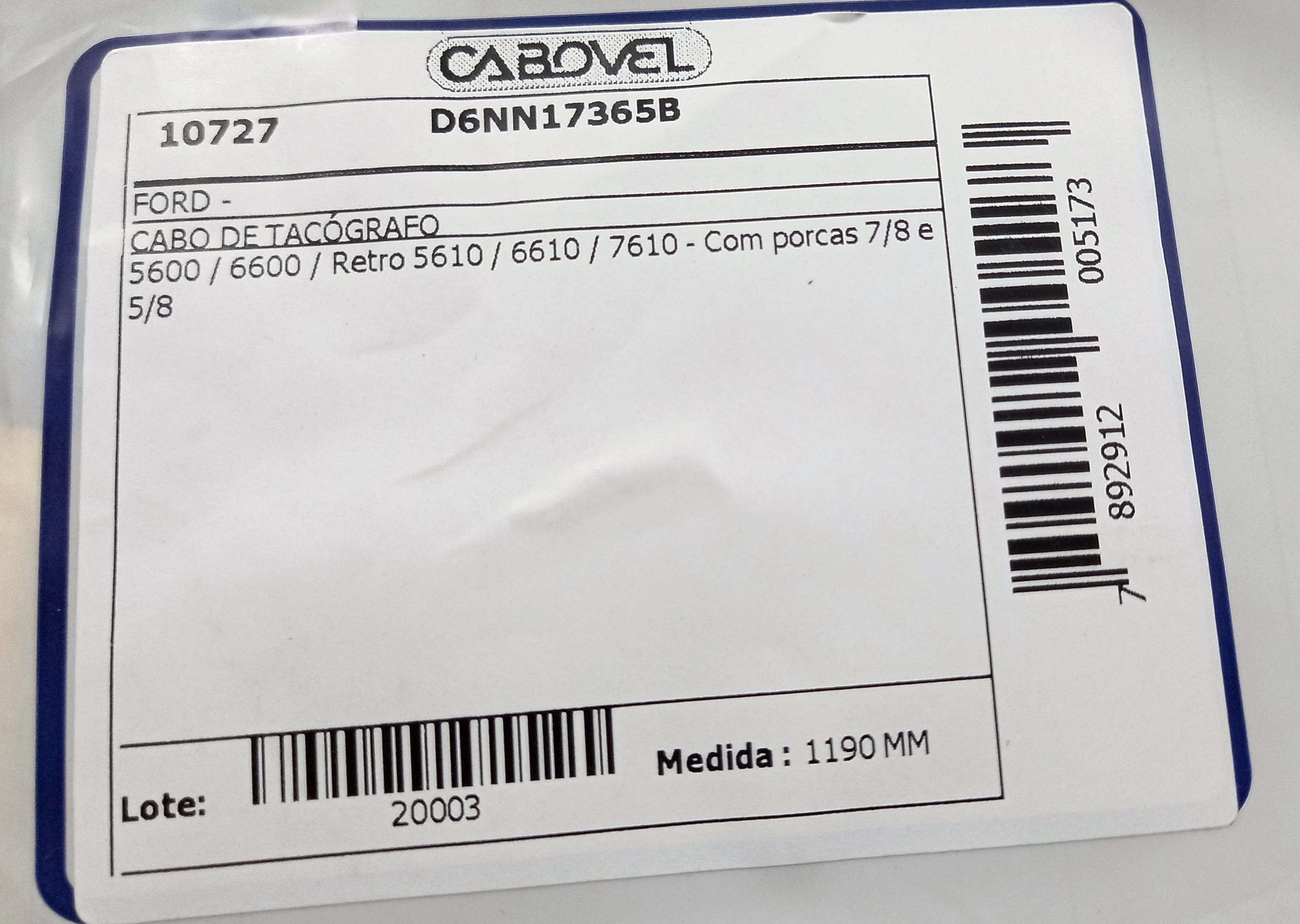 CABO DE TACOMETRO FORD TRATORES 5600/6600/RETRO 5610/6610/7610 - 1190MM - PORCAS 7/8 - 5/8