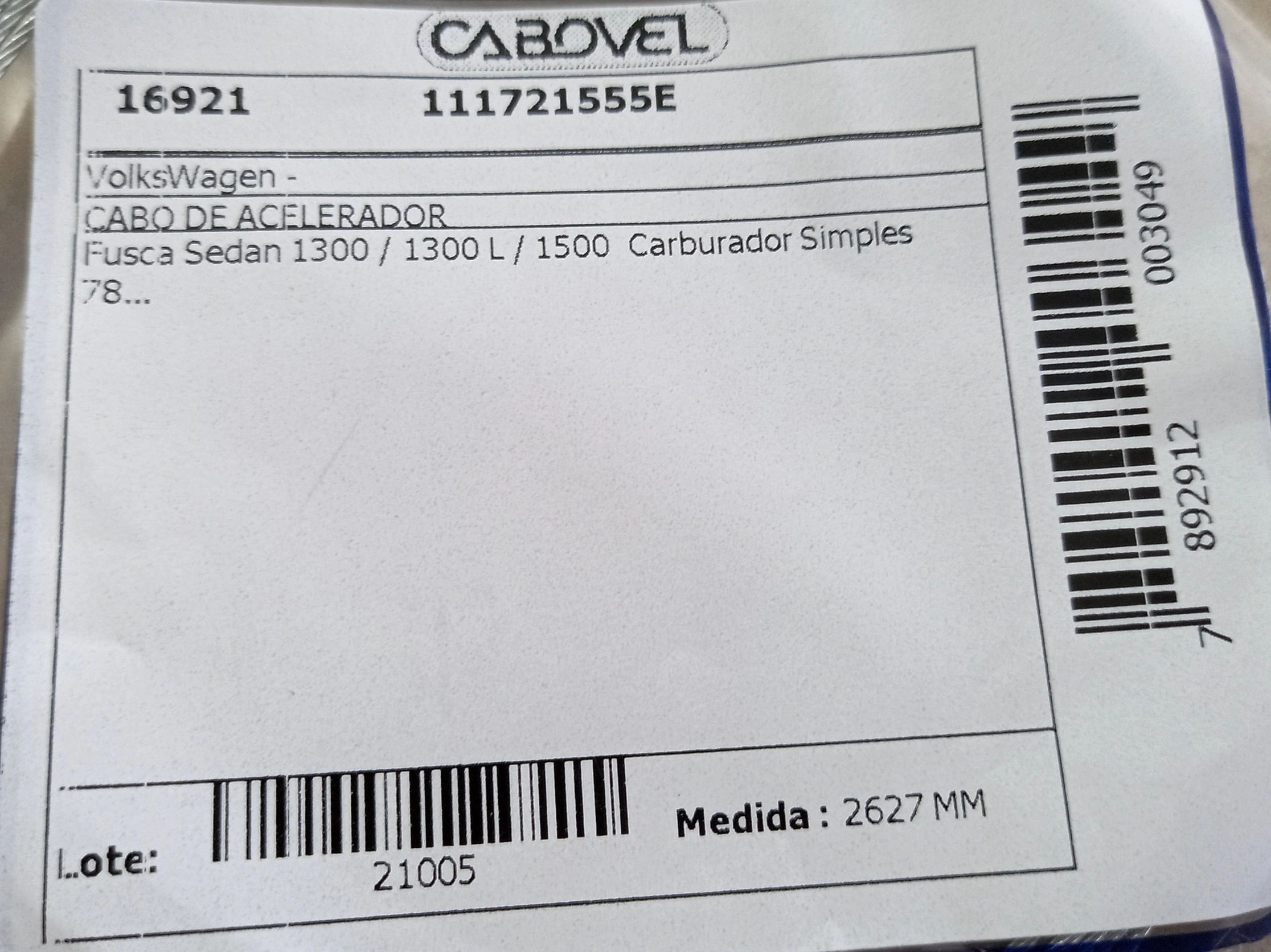 CABO ACELERADOR 2627MM VW FUSCA 1300/1300 L/1500 CARBURADOR SIMPLES 78/