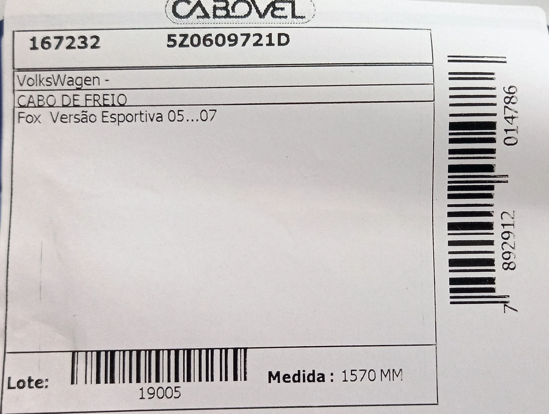 CABO FREIO VW FOX 05/07 - VERSAO ESPORTIVA 1570