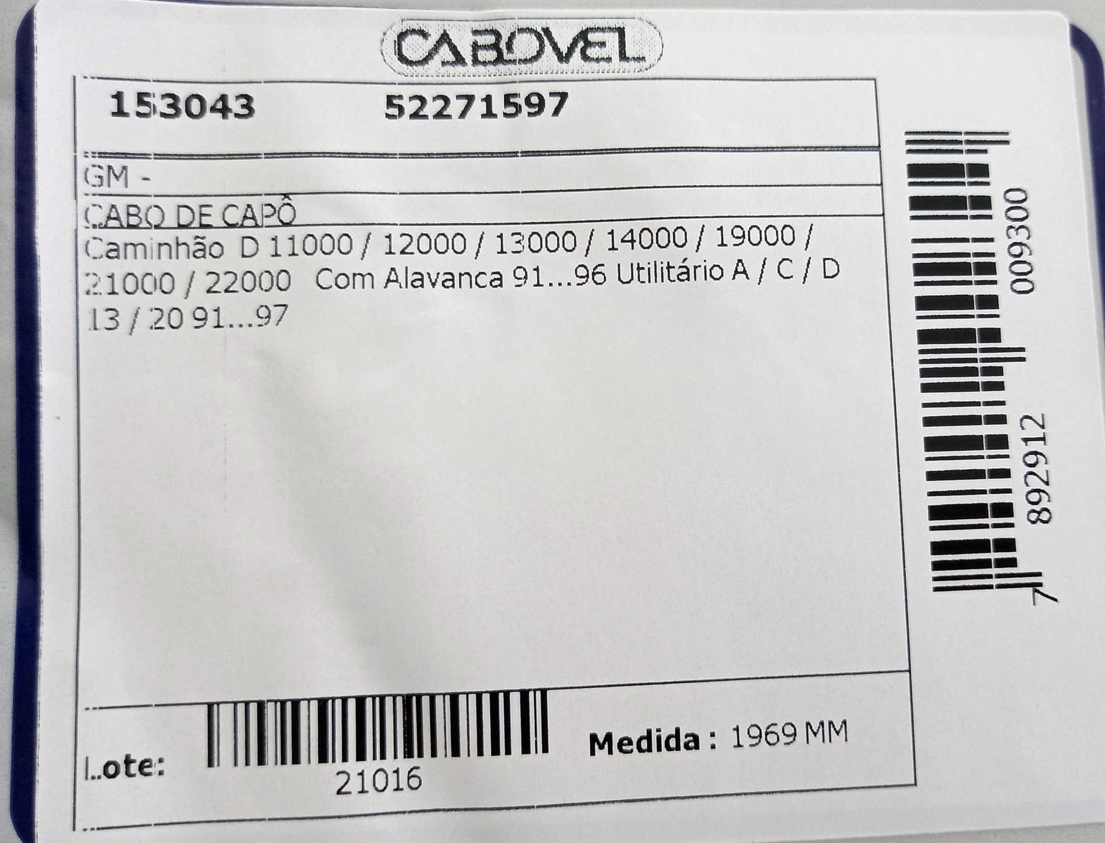 CABO CAPÔ COM ALAVANCA 1969MM CAPO GM A/C/D-20 D-11000/12000/13000/14000/19000/21000/22000 91/97 1969