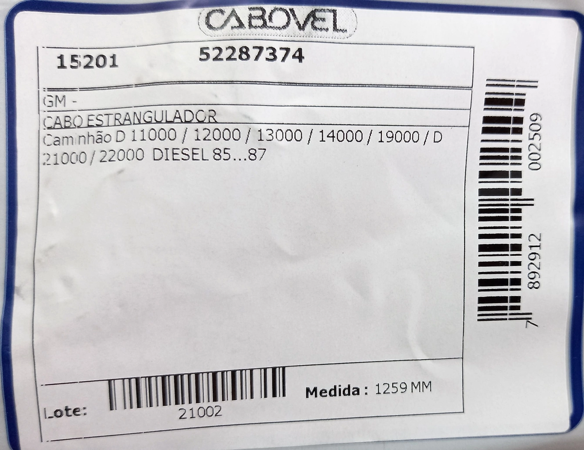 CABO ESTRANGULADOR 1259MM GM D-11000/12000/13000/14000/19000/22000 DIESEL 85/87 1259