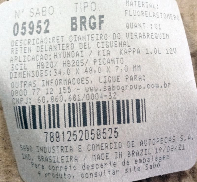 RETENTOR VIRABREQUIM HYUNDAI HB20 1.0 12V KAPPA - KIA PICANTO 1.0 12V KAPPA - DIANTEIRO - 34X48X7MM