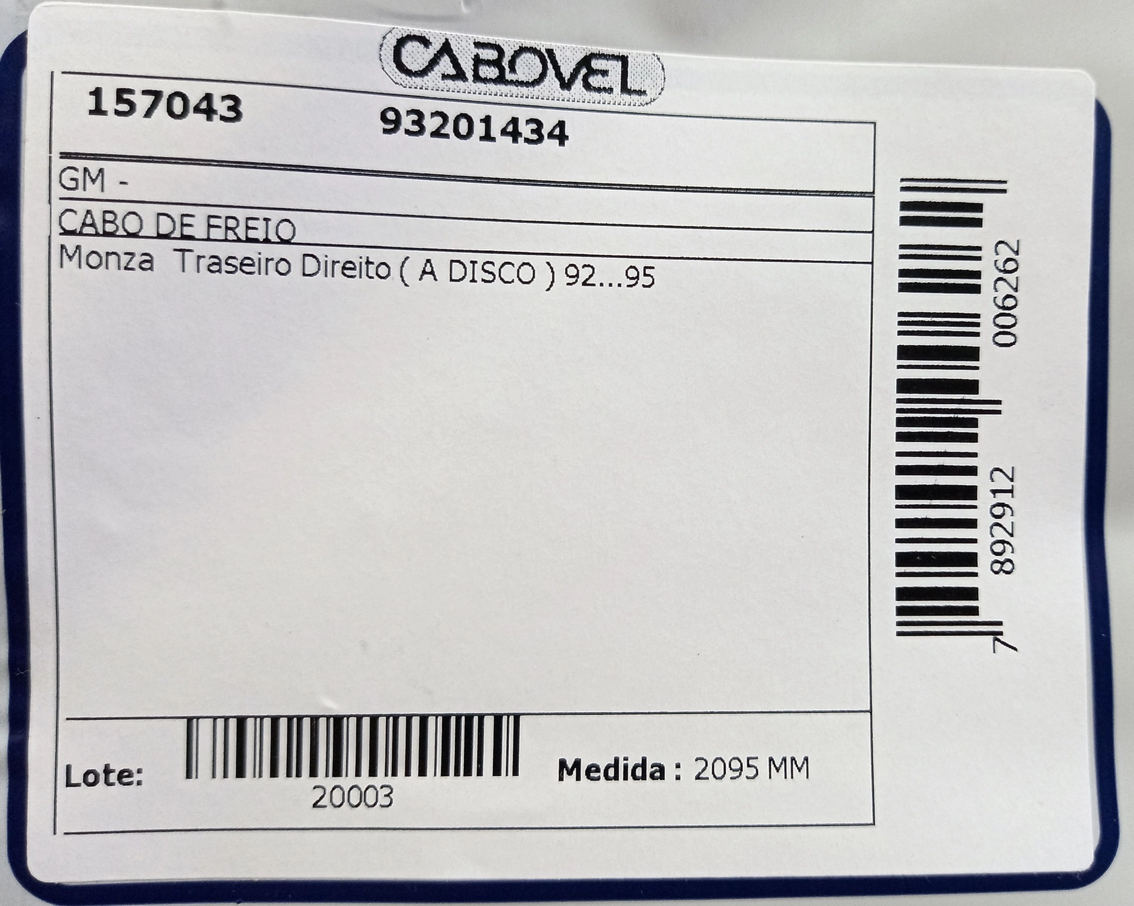 CABO FREIO TRASEIRO LADO DIREITO 2095MM GM MONZA 1992/ DISCO