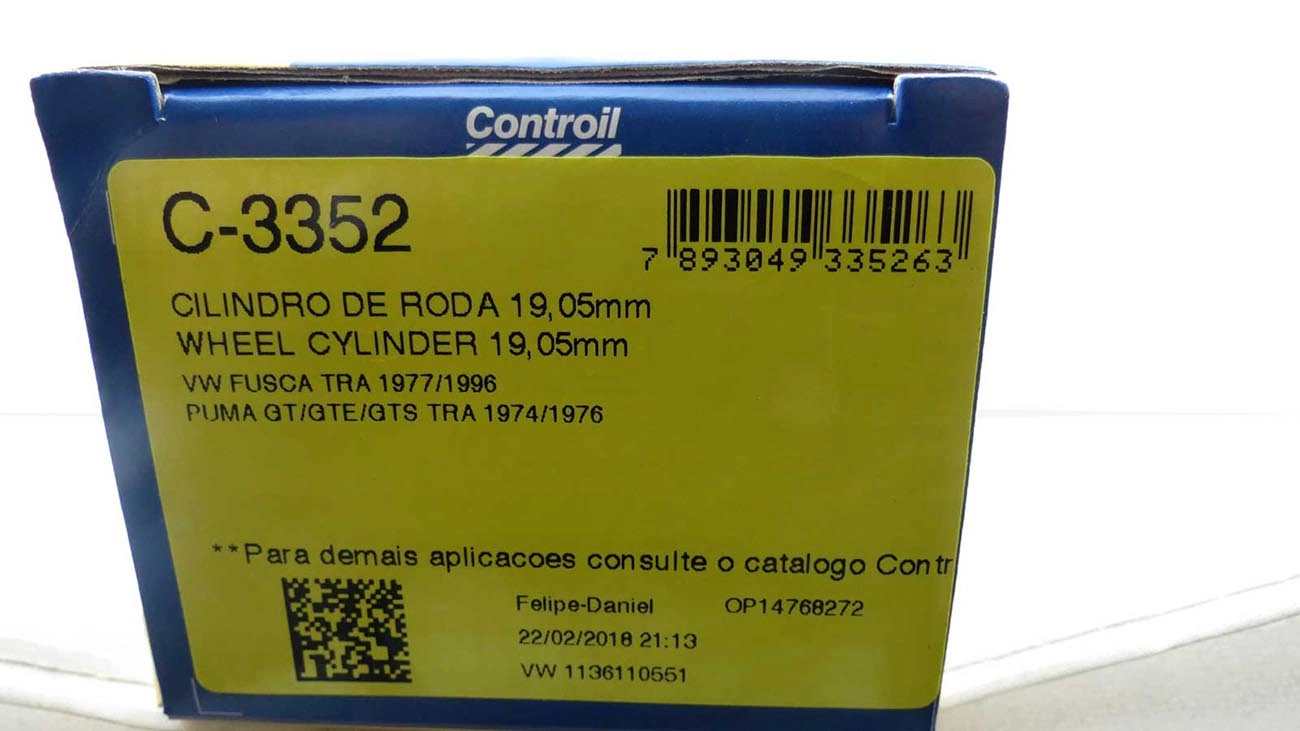 CILINDRO RODA TRASEIRA VW FUSCA 1300 1977/1986 - 1600 1977/1996 - 3/4 - 19.05MM