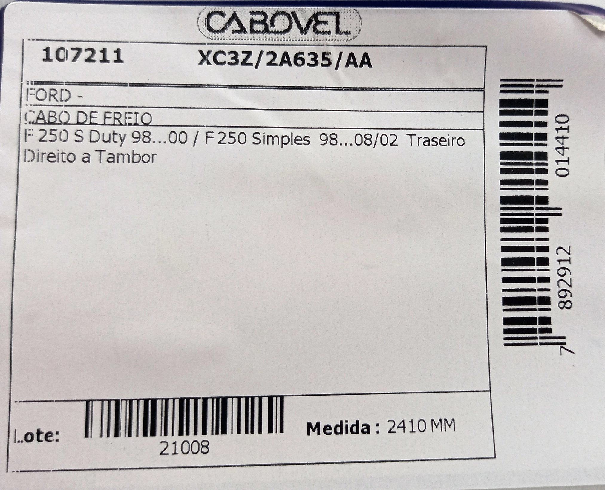 CABO FREIO TRASEIRO DIREITO 2410MM FORD F-250 98/08.2002 DIRETO